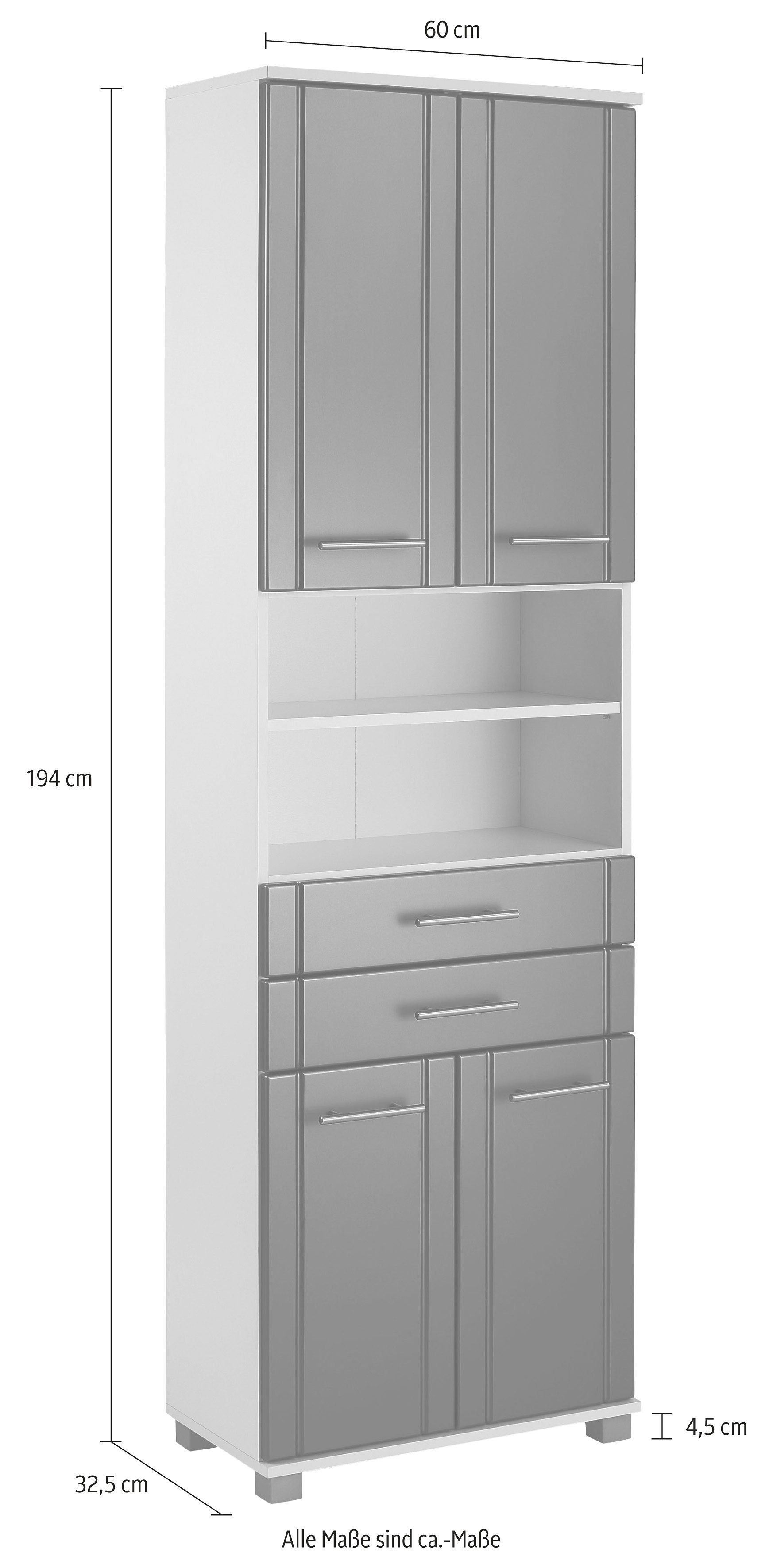 Schildmeyer Hochschrank Emmi cm, Schubkästen zebrino grau / Breite Metallgriffe, 2 60 weiß mit