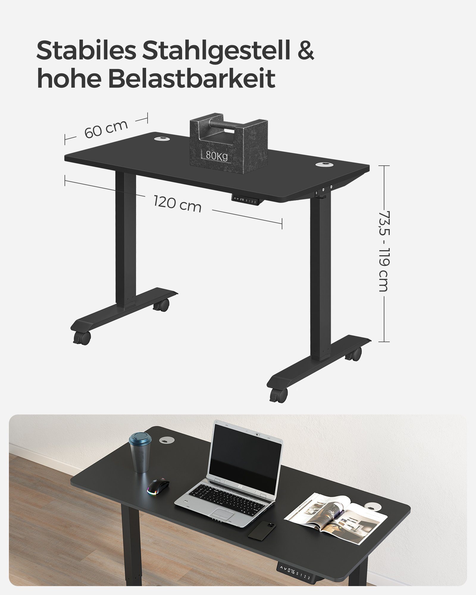 SONGMICS Schreibtisch höhenverstellbar Bürotisch 120/140cm, Schwarz Schwarz | Schwarz elektrisch | USB