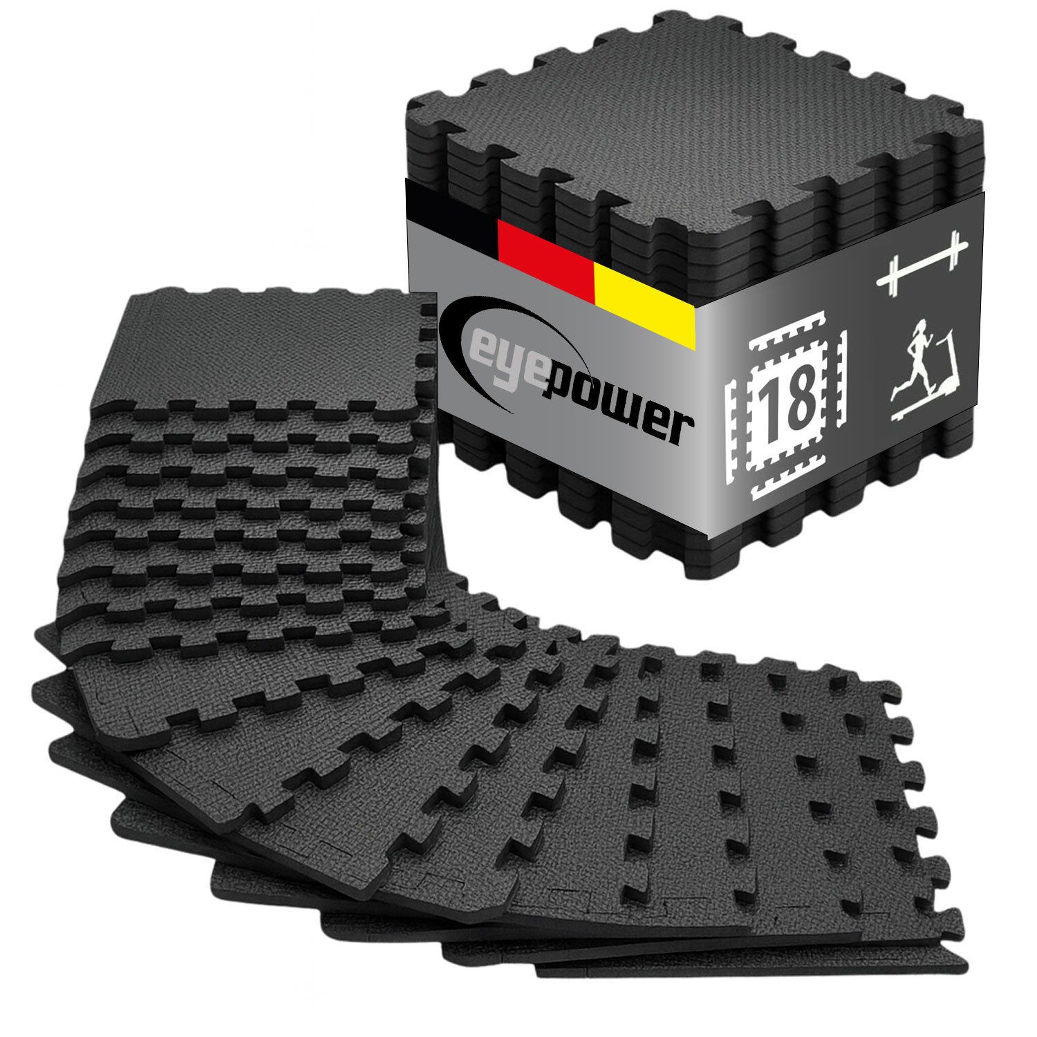 eyepower Fitnessmatte XL für Zuhause - 1,6 m² Trainingsmatte mit Rand - 18 Home Gym Matten, 30 x 30 x 1 cm Bodenschutzmatte Sport und Gymnastik - EVA Bodenmatte