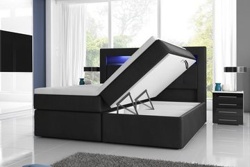 Möbel für Dich Boxspringbett Milano2 - Taschenfederkern, 7 cm Visco Topper, Bettkasten hochklappbar, LED-Licht im Kopfteil, Bezug aus Kunstleder