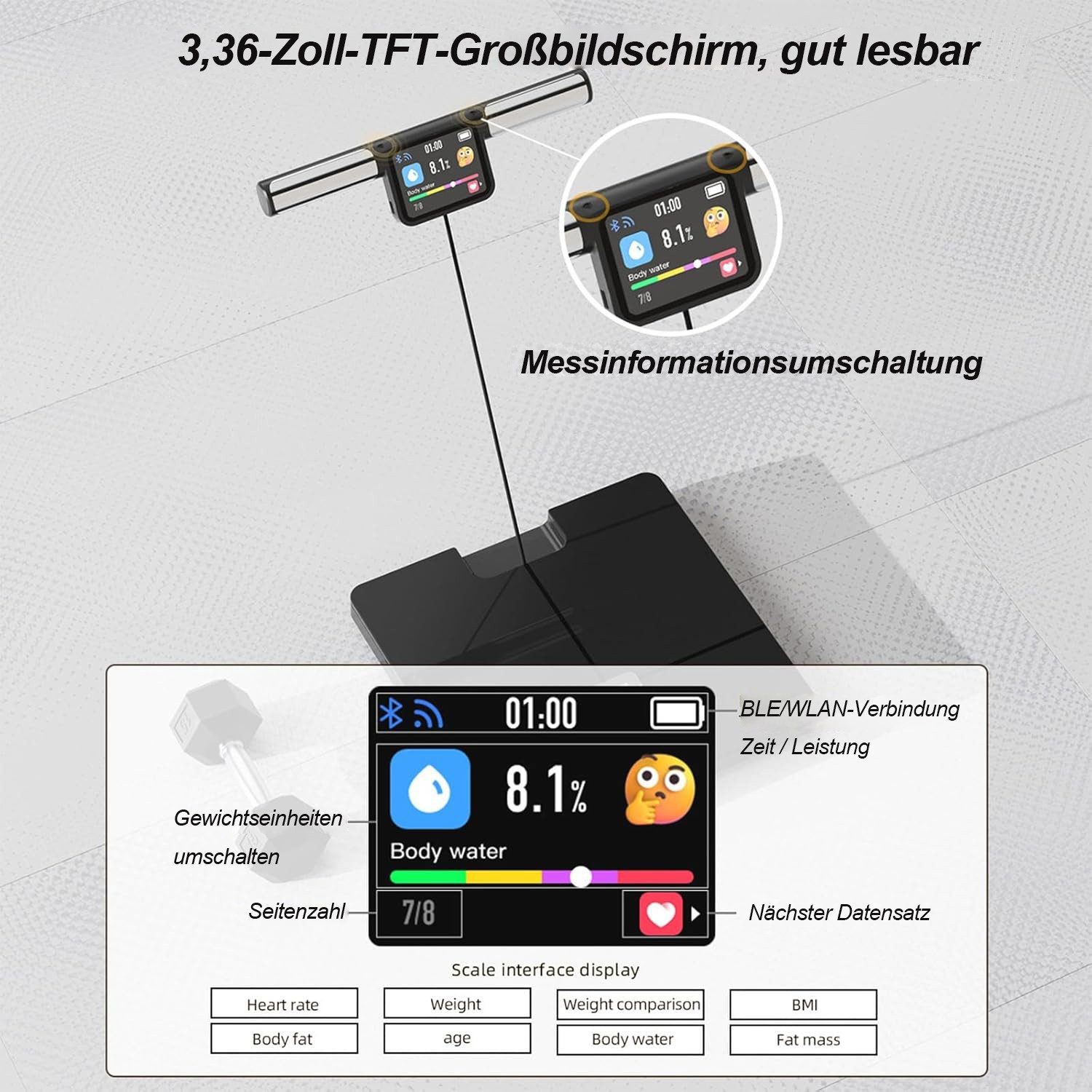 ibettertec Körper-Analyse-Waage Fitness Körperfettwaage mit 8 sensoren,App-Steuerung,Bluetooth, mit App zur Übertragung und Tracking der Messwerte, Körper & Vis – Bild 3 von 5
