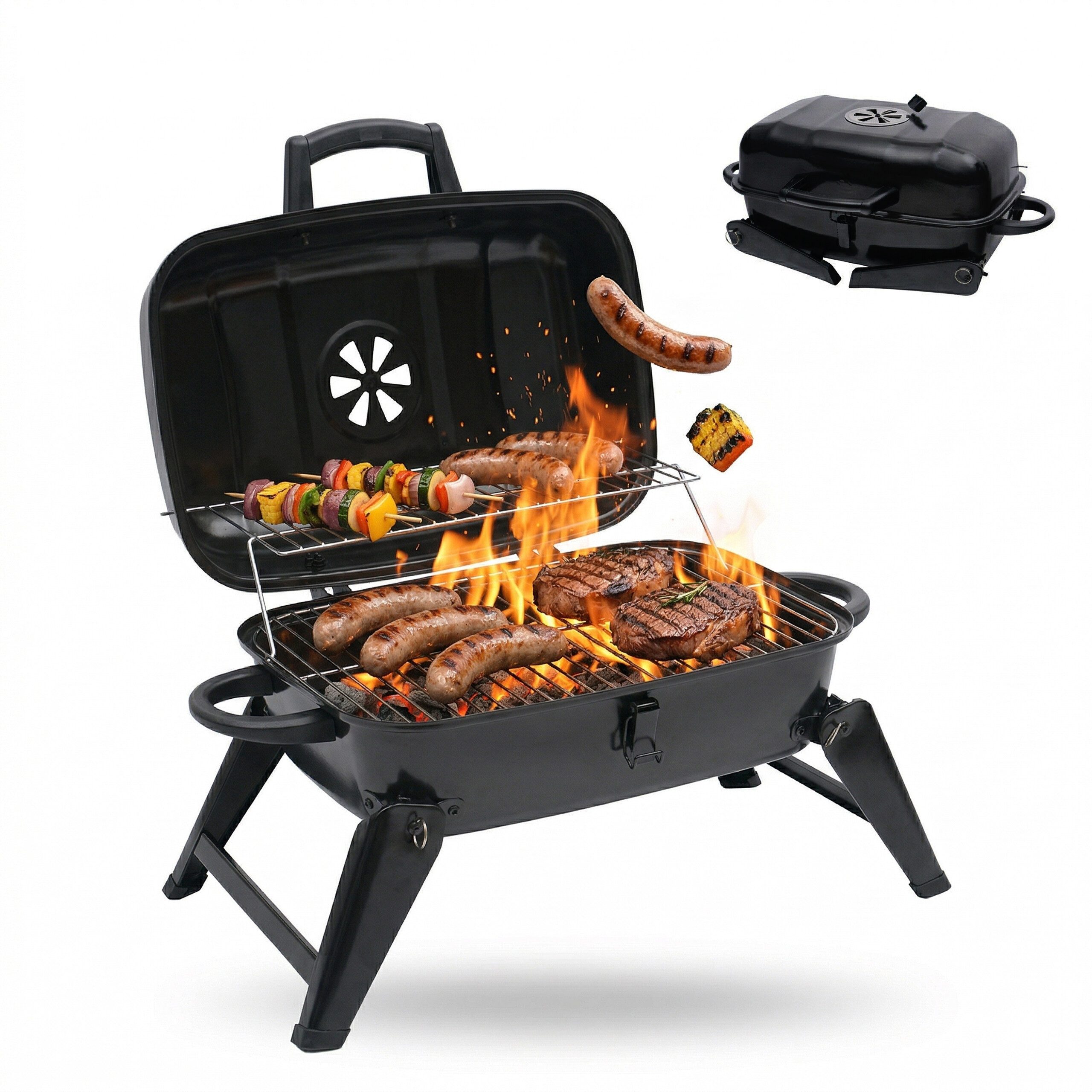 relaxdays Holzkohlegrill Tischgrill mit 2 Grillgittern