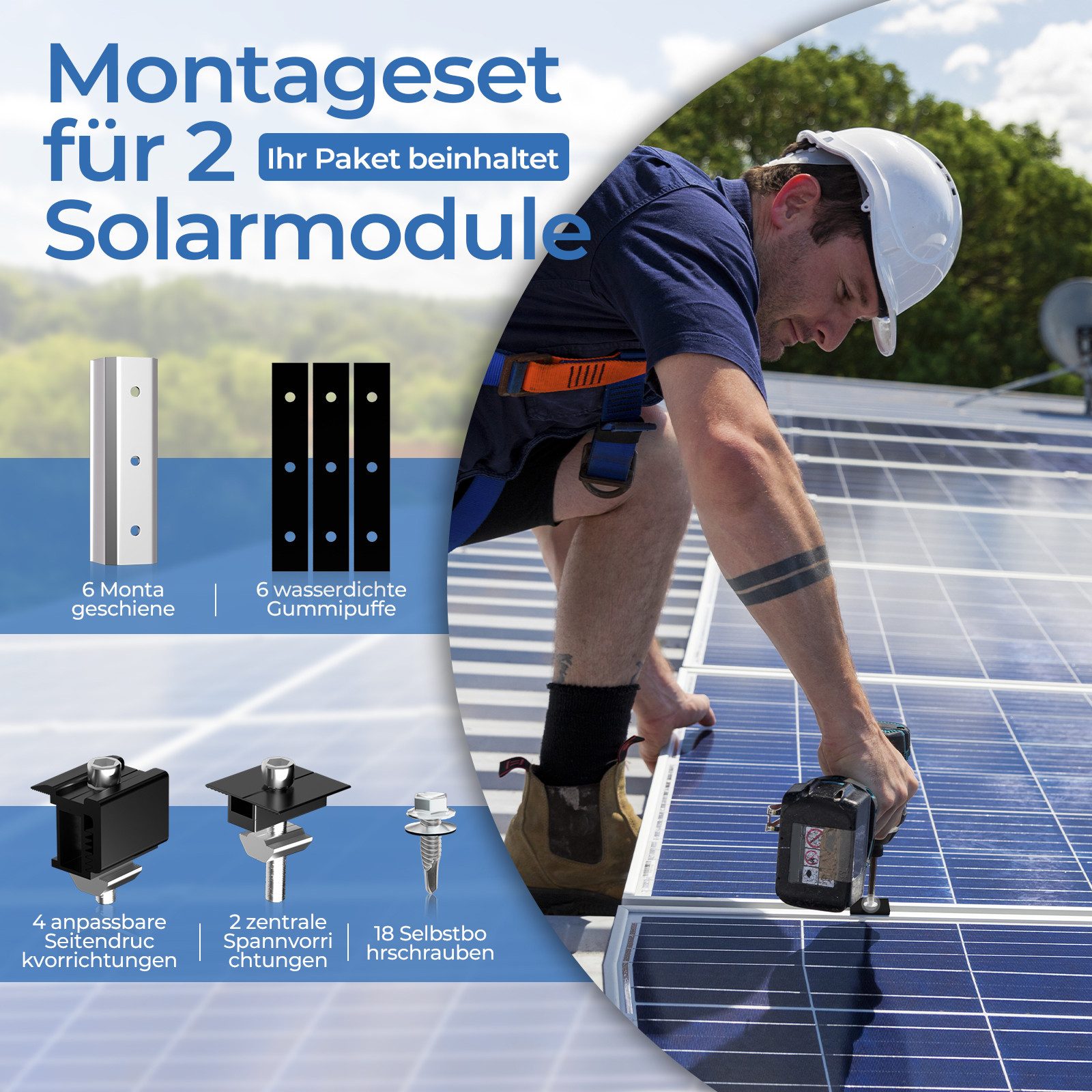GLIESE Balkonkraftwerk Solarpanel Halterung Befestigungsschiene Trapezblech Flachdach Montage, (Set, Führungsschienen, Gummi-Abstandshalter, Druckklemmen), Korrosionsbeständig, Rostgeschützt