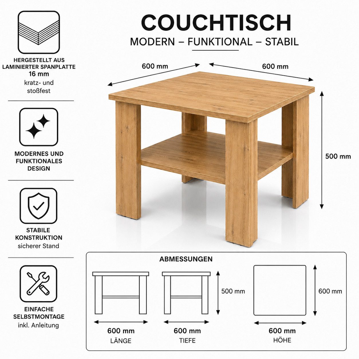 OTTO home Couchtisch CT 2 Wohnzimmertisch, Sofatisch, Beistelltisch, Kaffeetisch, Mit Ablage, quadratisch/rechteckig, weiß Hochglanz oder Artisan-Dekor – Bild 3 von 5