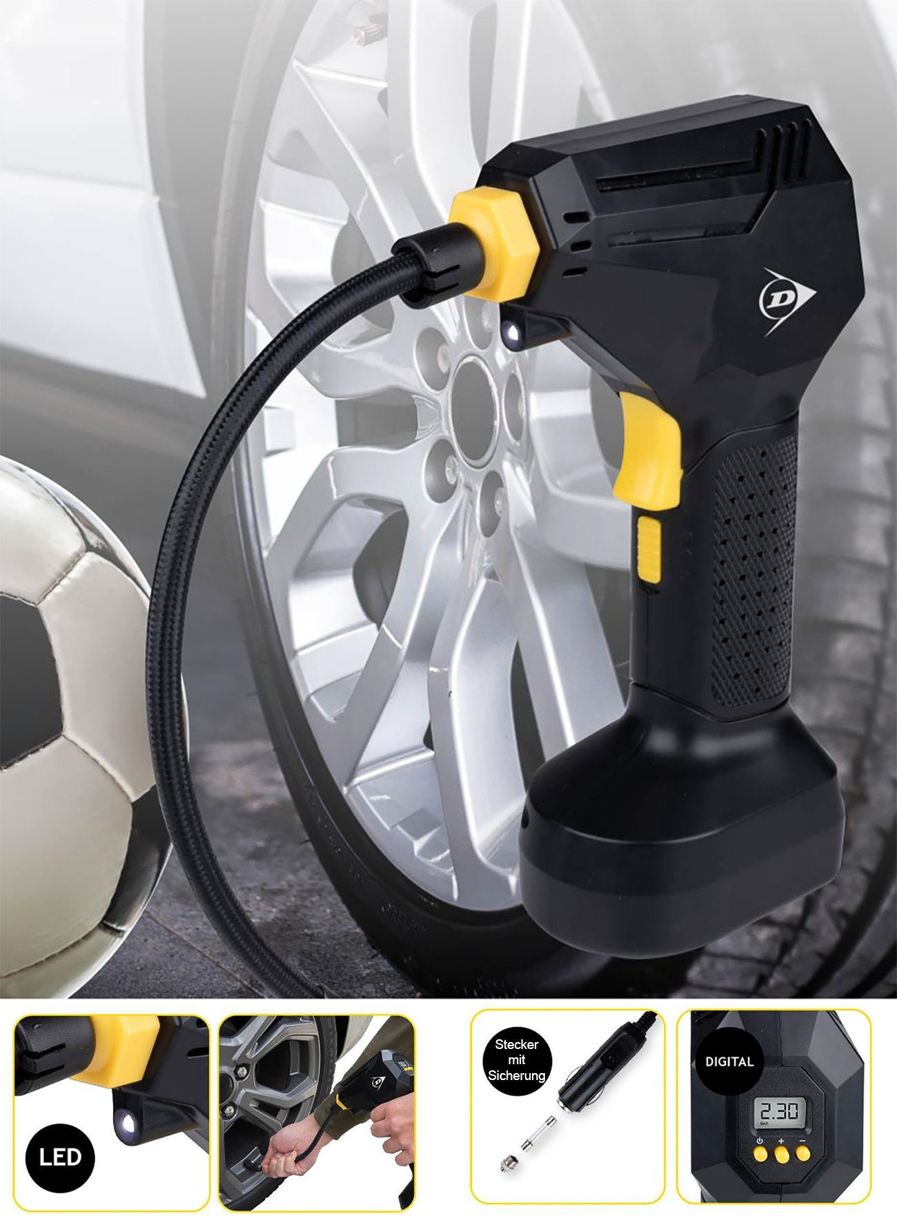 Dunlop Kompressor Luftkompressor, max. 10 bar, Mini Kompressor mit  Digitalanzeige, Auto Druckluftkompressor elektrische Luftpumpe Auto Fahrrad  Reifen