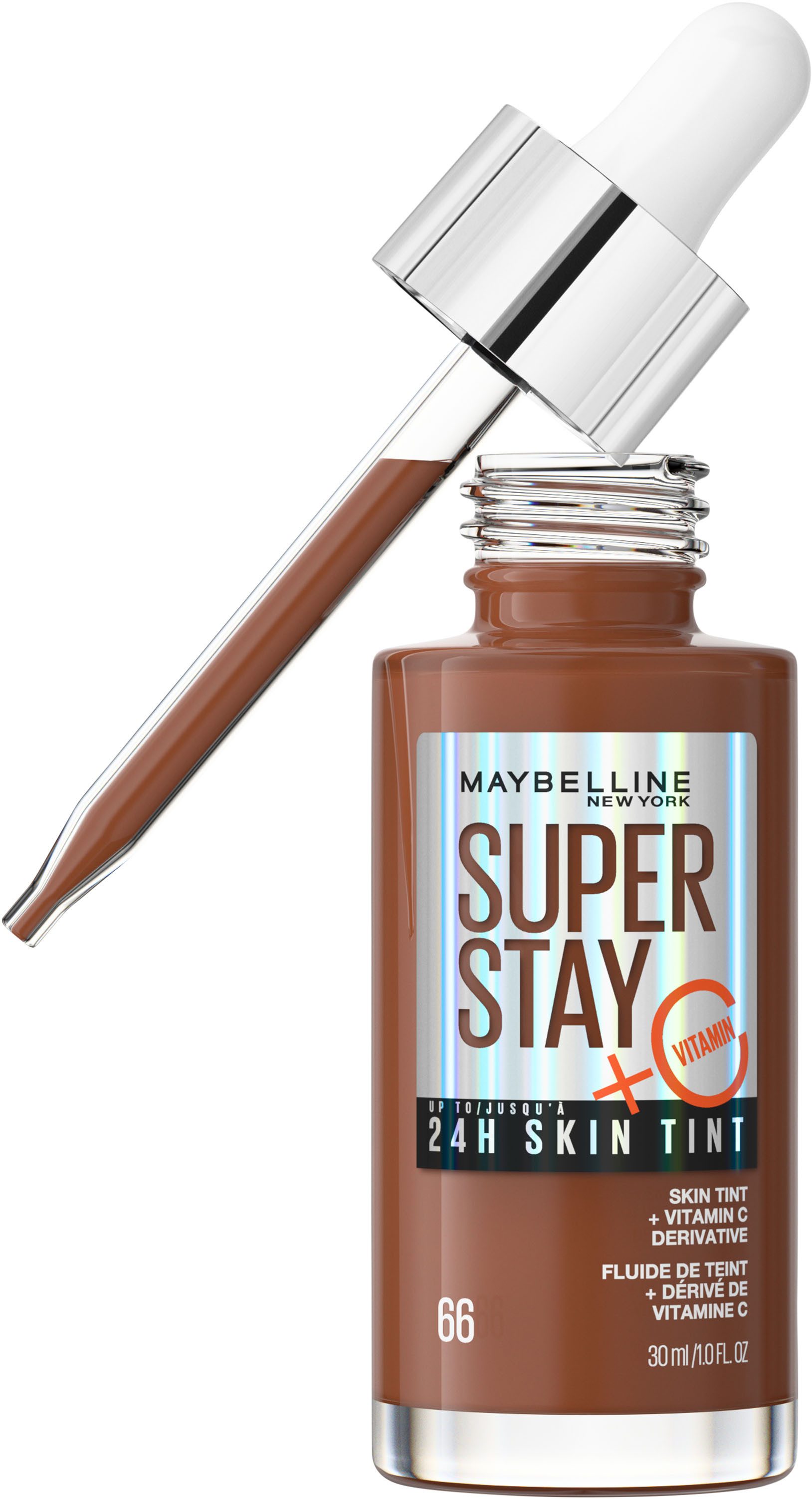 MAYBELLINE NEW YORK Foundation SUPER STAY 24H SKIN TINT MIT VITAMIN C, bietet dank hautähnlicher Pigmente eine leichte bis mittlere Deckkraft
