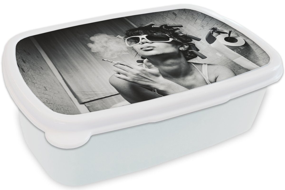 MuchoWow Lunchbox Frau Mädchen - Brotbox für Toilette (2-tlg), Zigarette, weiß Jungs Erwachsene, Kunststoff, - - Brotdose, und - Vintage Lockenwickler Kinder für und