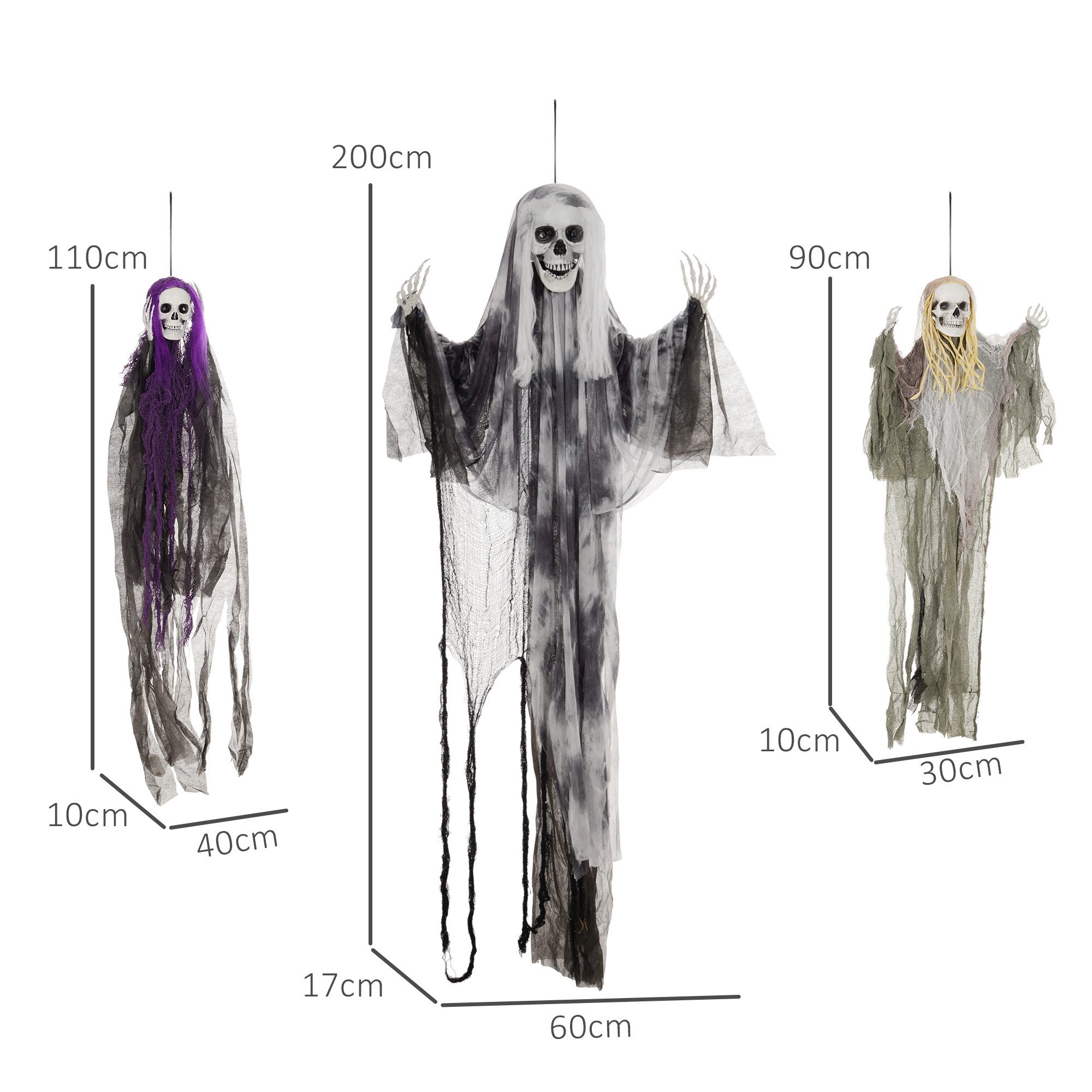 HOMCOM Dekofigur 3er-Set Halloween Dekoration mit verstellbare Arme, Haustür Deko (Hängendes Skelett, 1 St., Spukhaus-Requisite), für Hof Rasen, Garten, Party – Bild 3 von 5