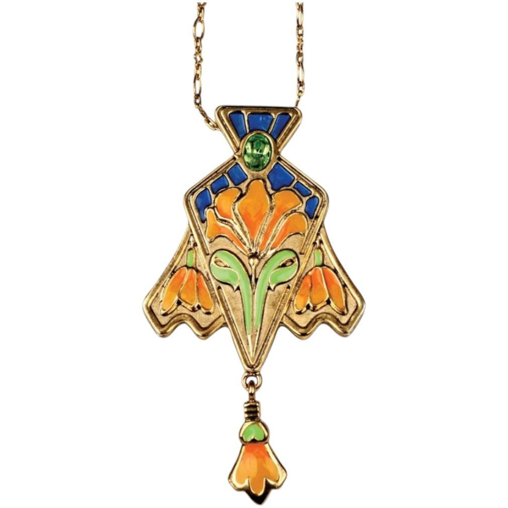 Dark-Desires Kette und Anhänger Set Jugendstil Iris-Blüten Anhänger-Kette – Orange, Blau & Gold Halskette