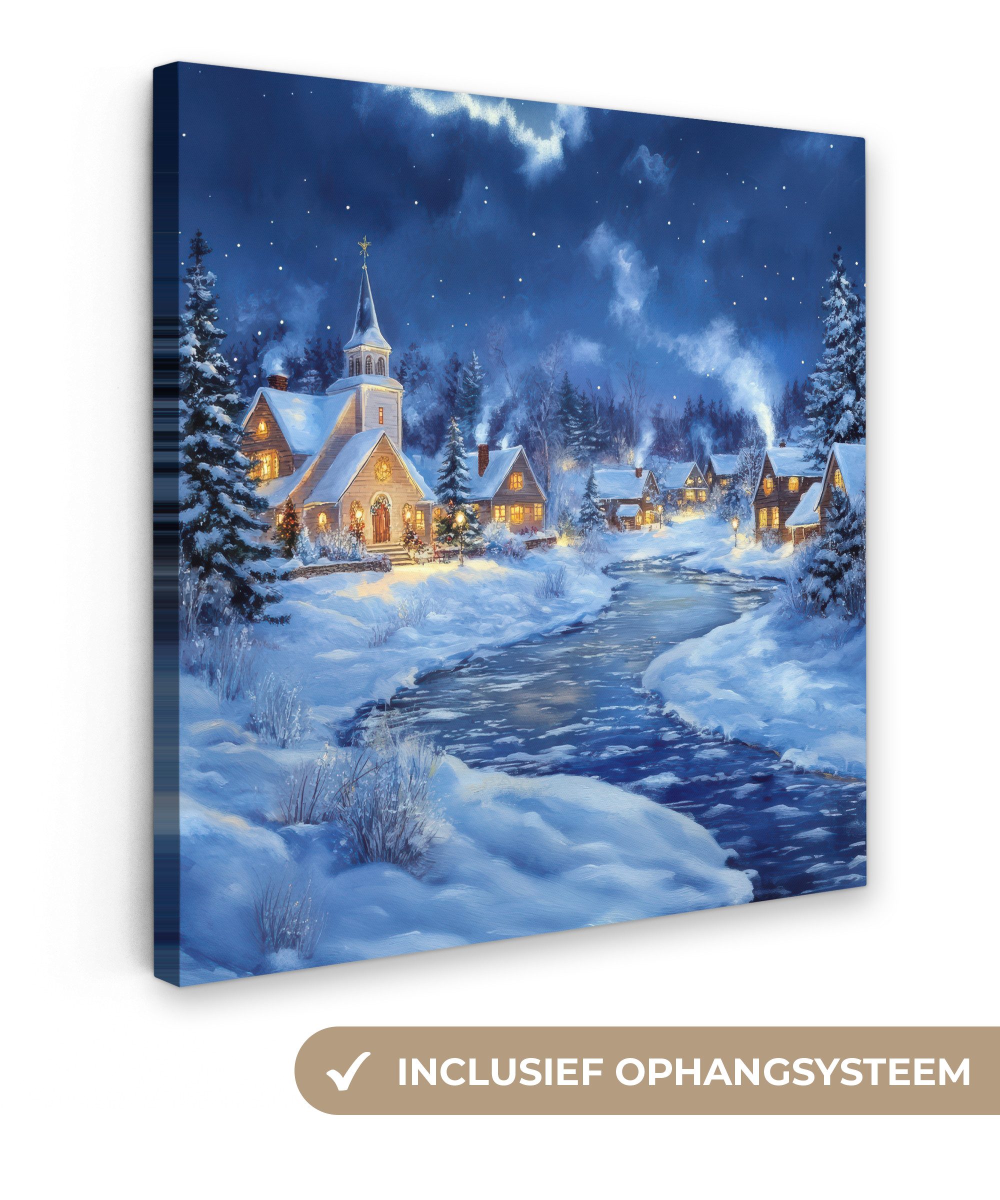 OneMillionCanvasses® Leinwandbild Winterabend - Weihnachtsdorf - Dunkelheit, Fotodruck (1 St), Wandbild, Deko Schlafzimmer Wohnzimmer Flur 20x20 cm