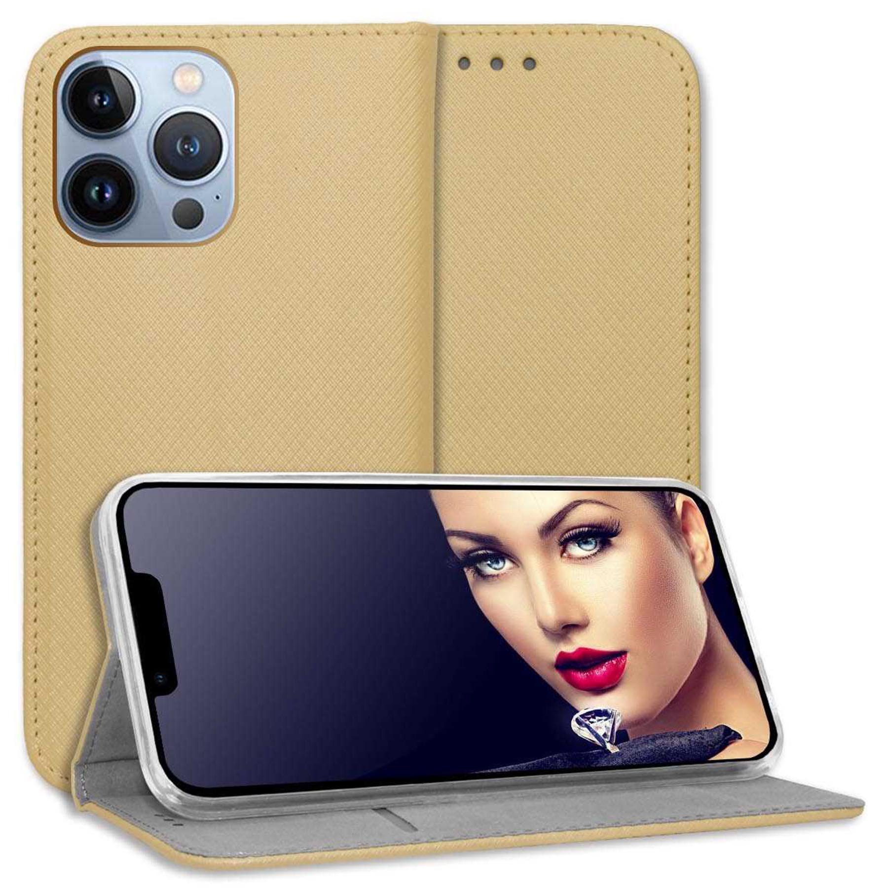 mtb more energy Smartphone-Hülle Smart Magnet für Apple iPhone 13 Pro, Gold, Bookstyle Klapphülle Cover Wallet Case aus Kunstleder
