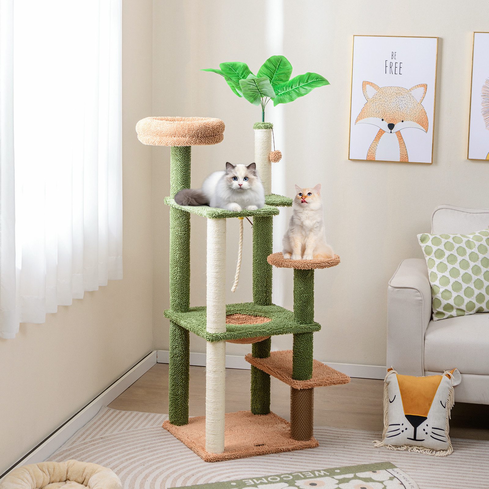 KOMFOTTEU Kratzbaum, mit künstlichen Blättern, Sitzplattform, Hängematte, Sisalpfosten