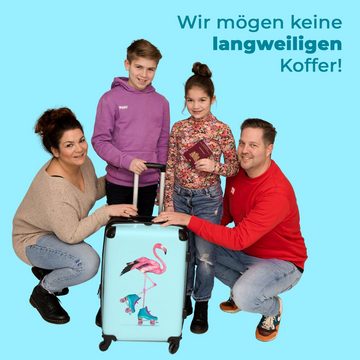 NoBoringSuitcases.com© Koffer Flamingo - Rollschuhe - Blau - Rosa 67x43x25cm, 4 Rollen, Mittelgroßer Koffer für Mädchen, Kinder Trolley