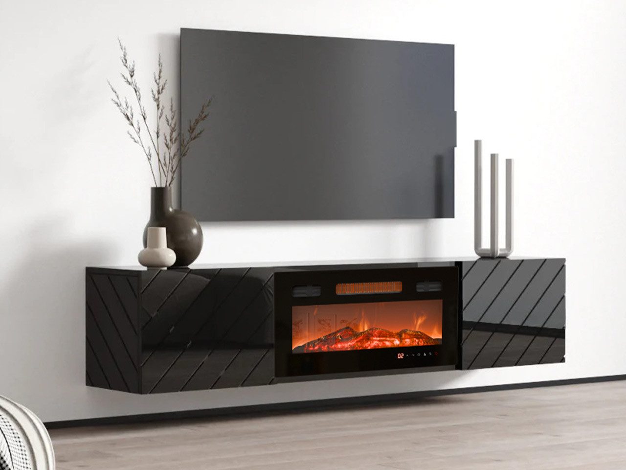 MIRJAN24 TV-Schrank Luxe (mit zwei Drehtüren, Elektrische Kamin) Realistische LED-Flamme, Gehärtetes Glas, 183x35x38 cm