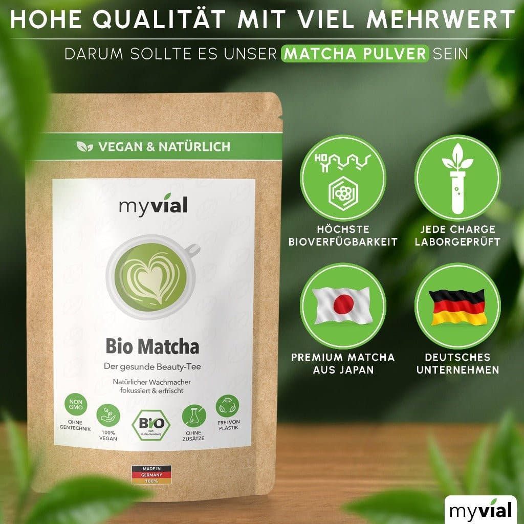 myvial Tee Erlesener Premium Bio Matcha Tee aus Japan Kagoshima steinvermahlen, 100 g, (100g, aromatisch, plastikfrei verpackt, vegan), Matcha Pulver, Grüner Tee, traditionell, extra fein gemahlen