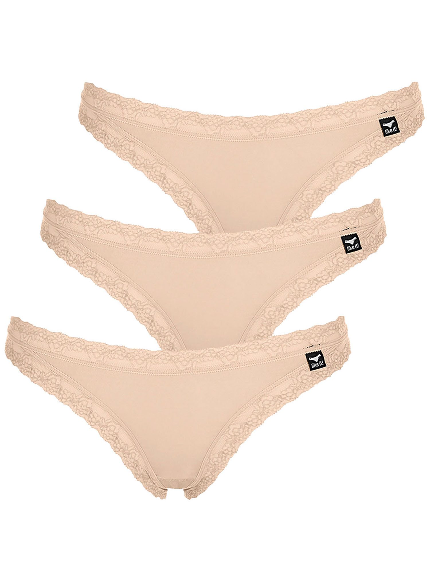 like it! String 3er Pack Damen String Olivia (Packung, 3-St) Abschlüsse aus elastischer Spitze, glatte Ware mit feinem Glanz
