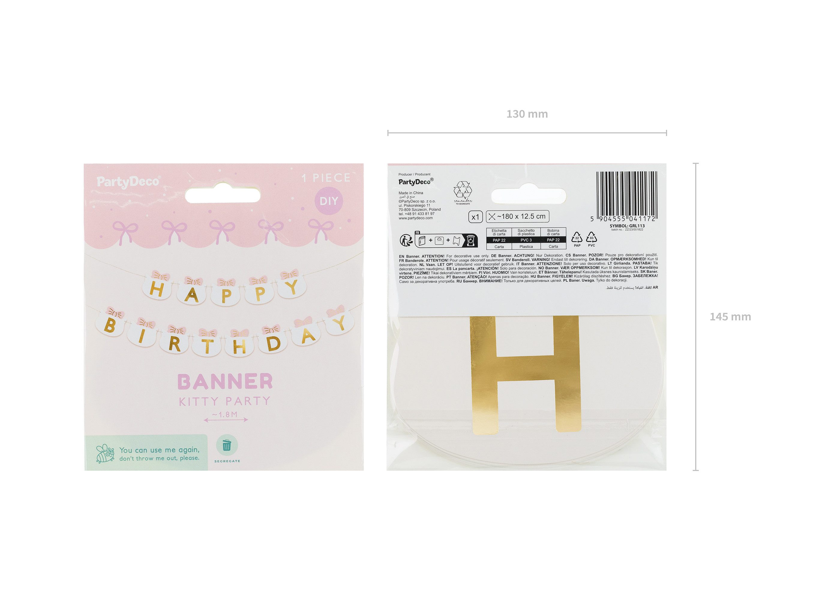 partydeco Girlande, Happy Birthday Girlande 12x280cm Banner mit Katzen Motiv Rosa / Gold