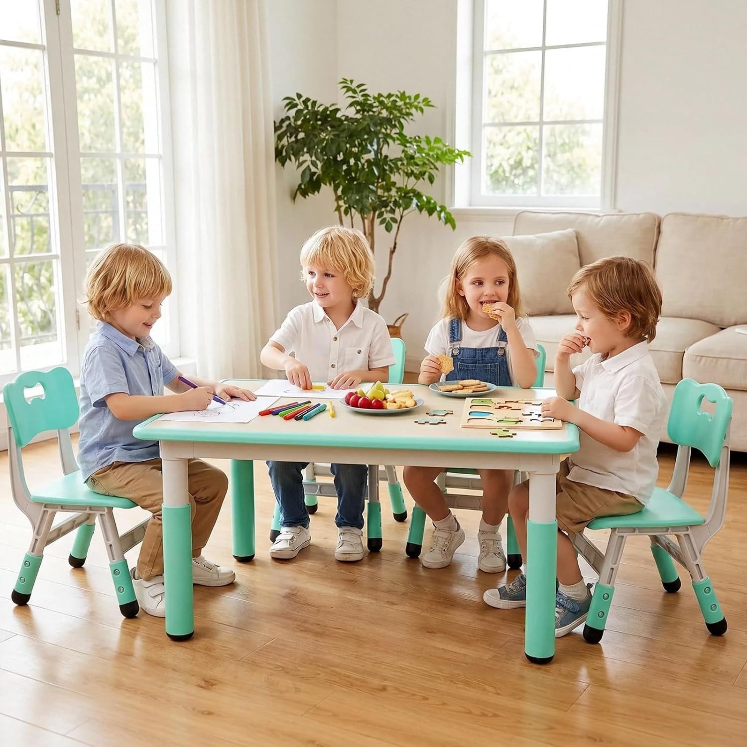 TLGREEN Kindersitzgruppe mit 4 Stühlen, Plastik Kindermöbel, (stabile Kindersitzgruppe mit abgerundeten Sicherheitskanten, multifunktionaler Spiel‑ 
