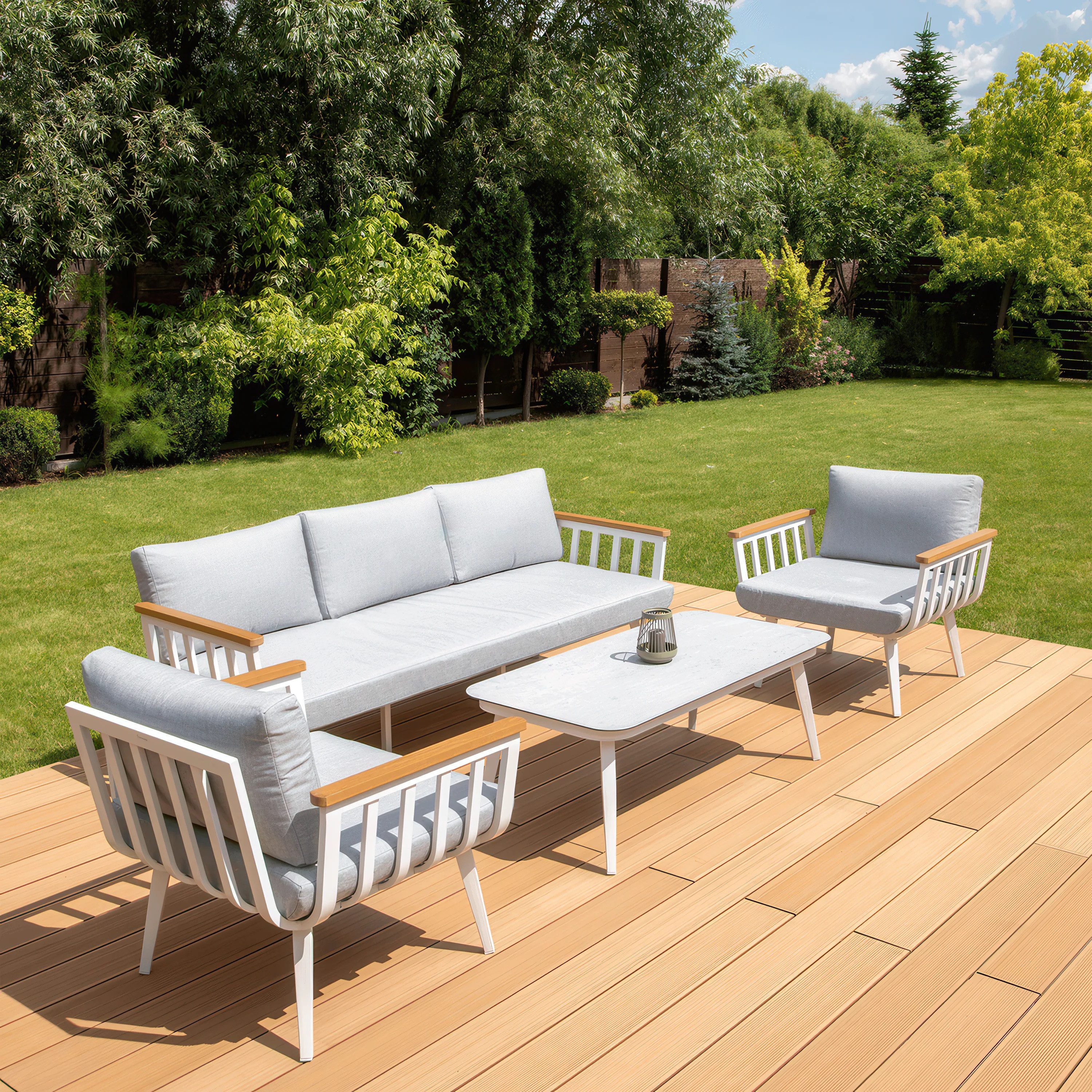 furrore Gartenlounge-Set "STELLA" Aluminium 5-Sitzer mit Tisch 120 cm, mit 2 Sesseln, 1 Sofa, (4-tlg), Anthrazit / Weiß, Holzoptik, Witterungsbeständig, Gartenmöbel-Set