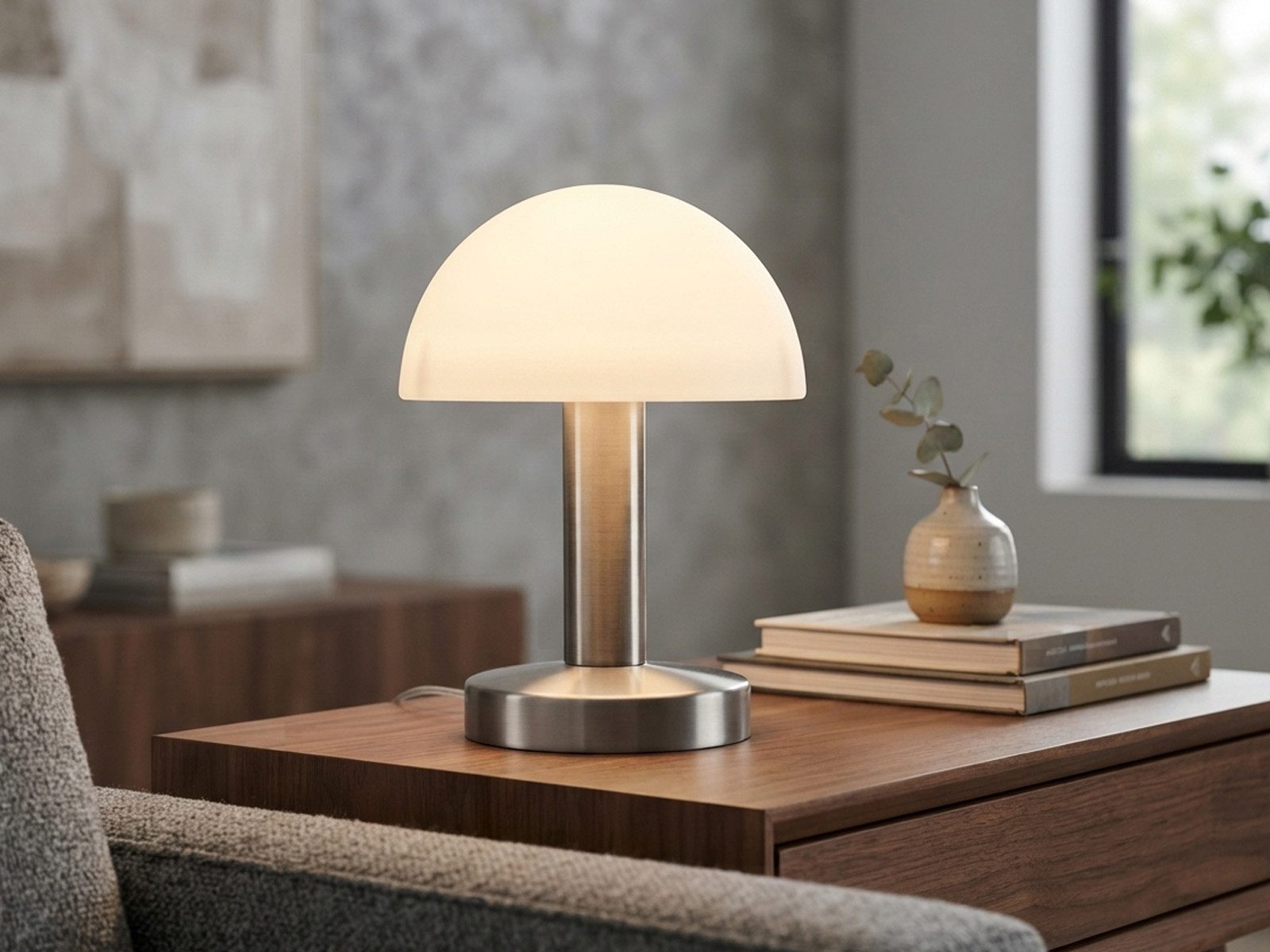 meineWunschleuchte Nachttischlampe kleine Touch Tischlampe, Höhe 21cm, Dimmfunktion, ohne Leuchtmittel, Pilzlampe dimmbar, Tischleuchte mit E14 Glas Lampenschirm