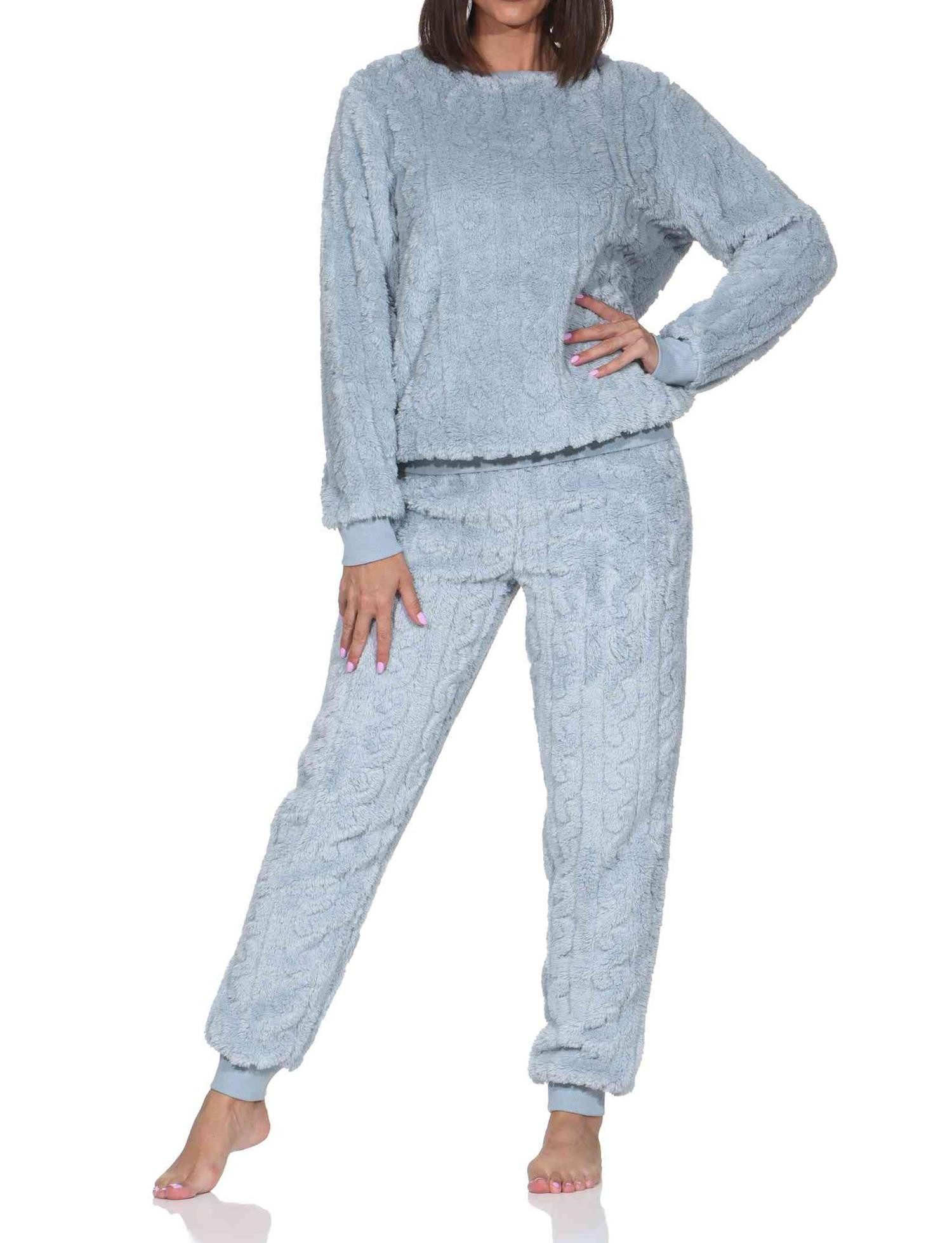 Normann Pyjama Damen langarm Schlafanzug Hausanzug aus kuscheligen Sherpa-Fleece
