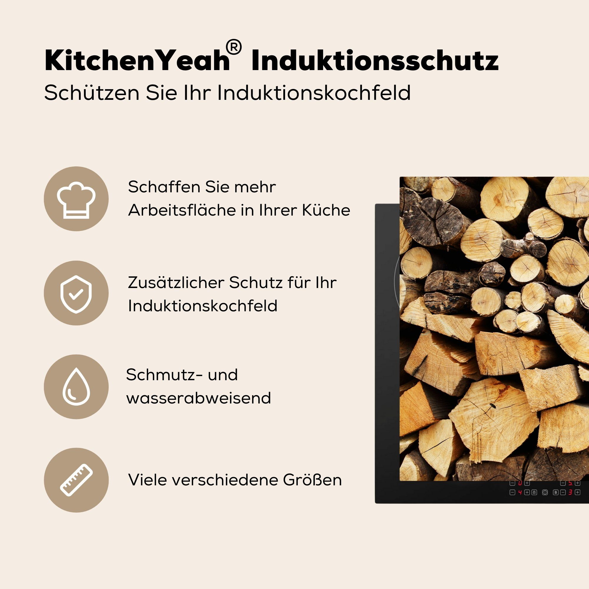 Gestapeltes Induktionskochfeld Herdblende-/Abdeckplatte Schutz Brennholz, küche, für Ceranfeldabdeckung 81x52 die Vinyl, MuchoWow (1 tlg), cm,