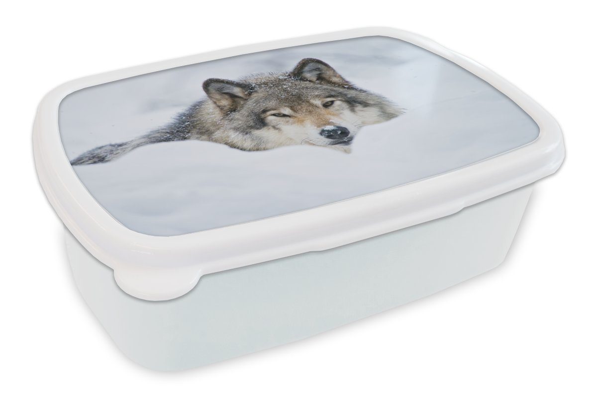 MuchoWow Lunchbox Wolf - Schnee - Mantel, Kunststoff, (2-tlg), Brotbox für Kinder und Erwachsene, Brotdose, für Jungs und Mädchen weiß