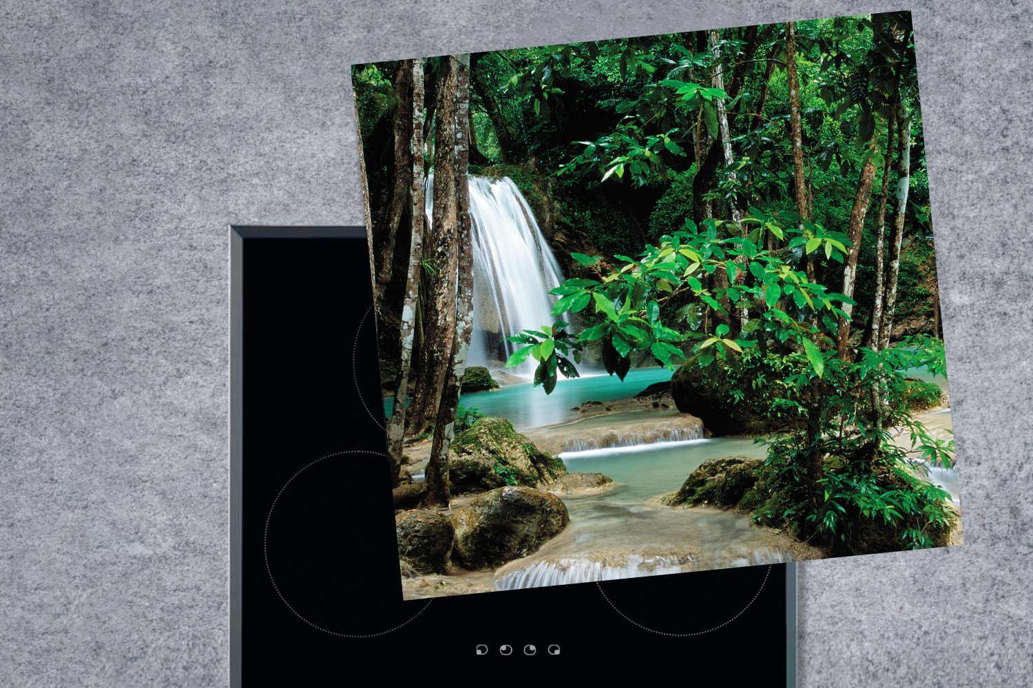 Ceranfeldabdeckung, (1 Herdblende-/Abdeckplatte Kleine Vinyl, 78x78 Bäumen den Wasserfälle für des Arbeitsplatte küche tlg), MuchoWow cm, zwischen Erawan-Nationalparks,