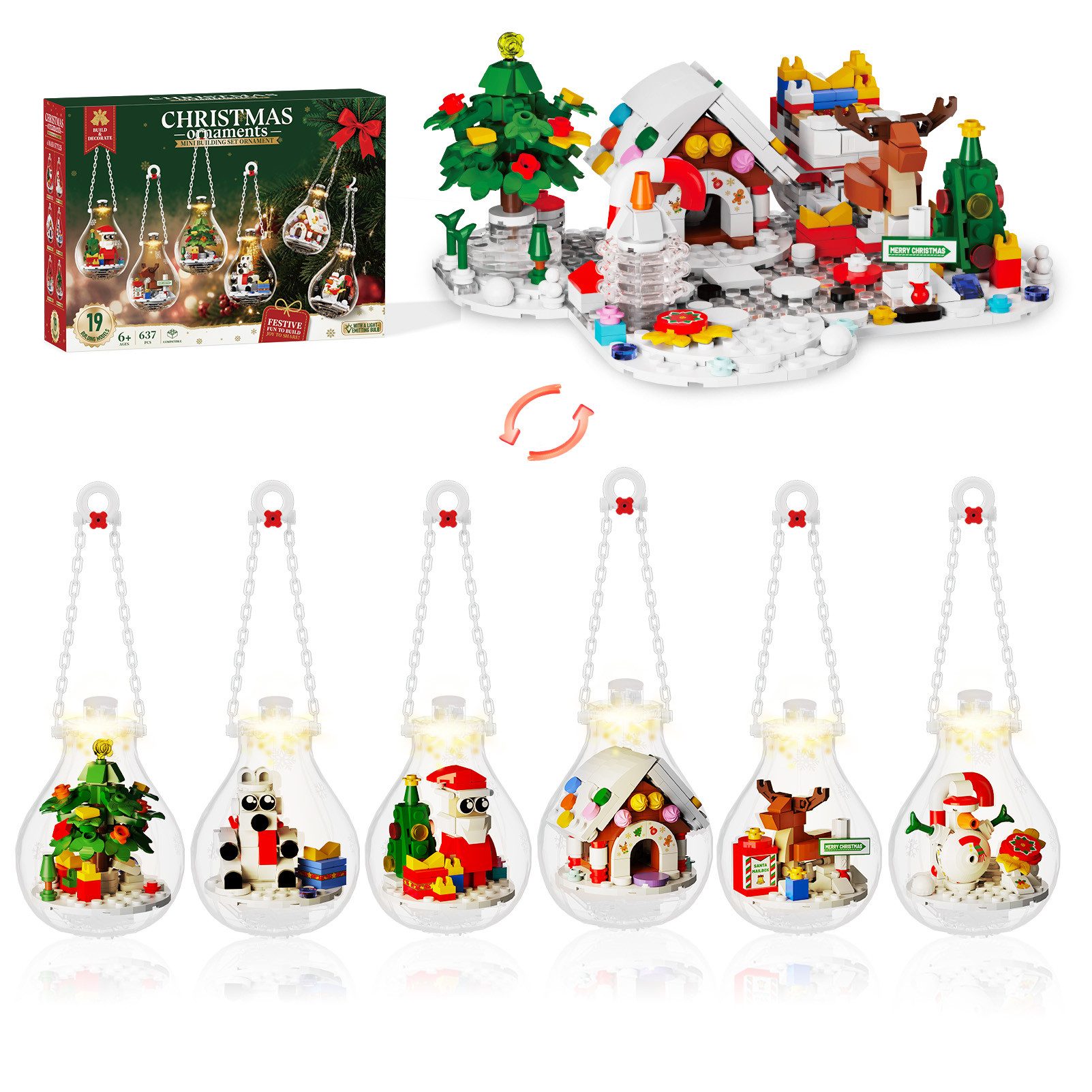 Esun Weihnachtsdeko Klemmbausteine 2026, Leuchtende Weihnachtsbaumschmuck Spielbausteine, (Set, 200 St., Komplettset), Diorama in einer Weihnachtskugel, 200 Teile