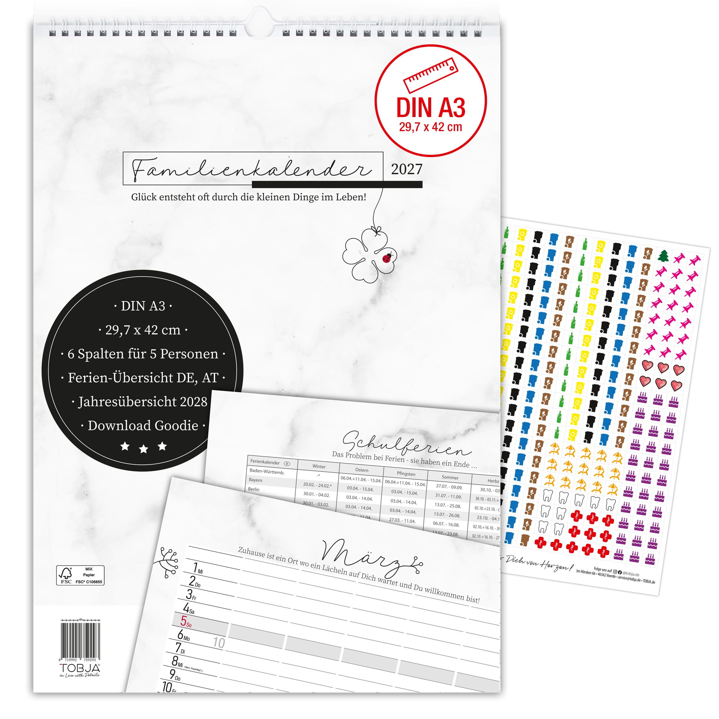 TOBJA Wandkalender TOBJA Familienkalender 2027 A3 Marmor 6 Spalten 5 Personen 300 Sticker, Familienplaner 2027 XXL 6 Spalten