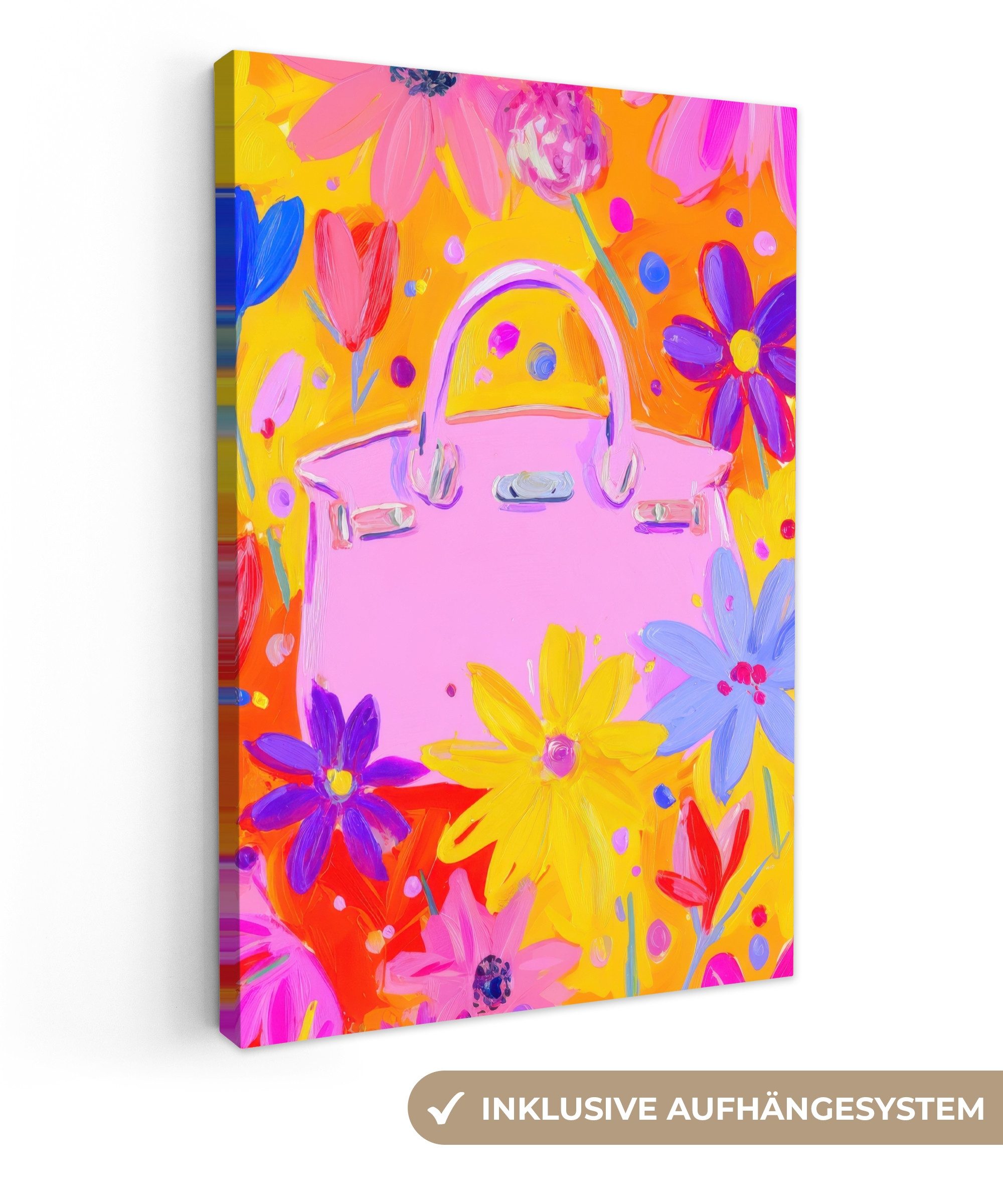 OneMillionCanvasses® Leinwandbild Tasche - Rosa - Blumen, Fotodruck (1 St), Wandbilder, Deko Schlafzimmer Wohnzimmer 60x90 cm