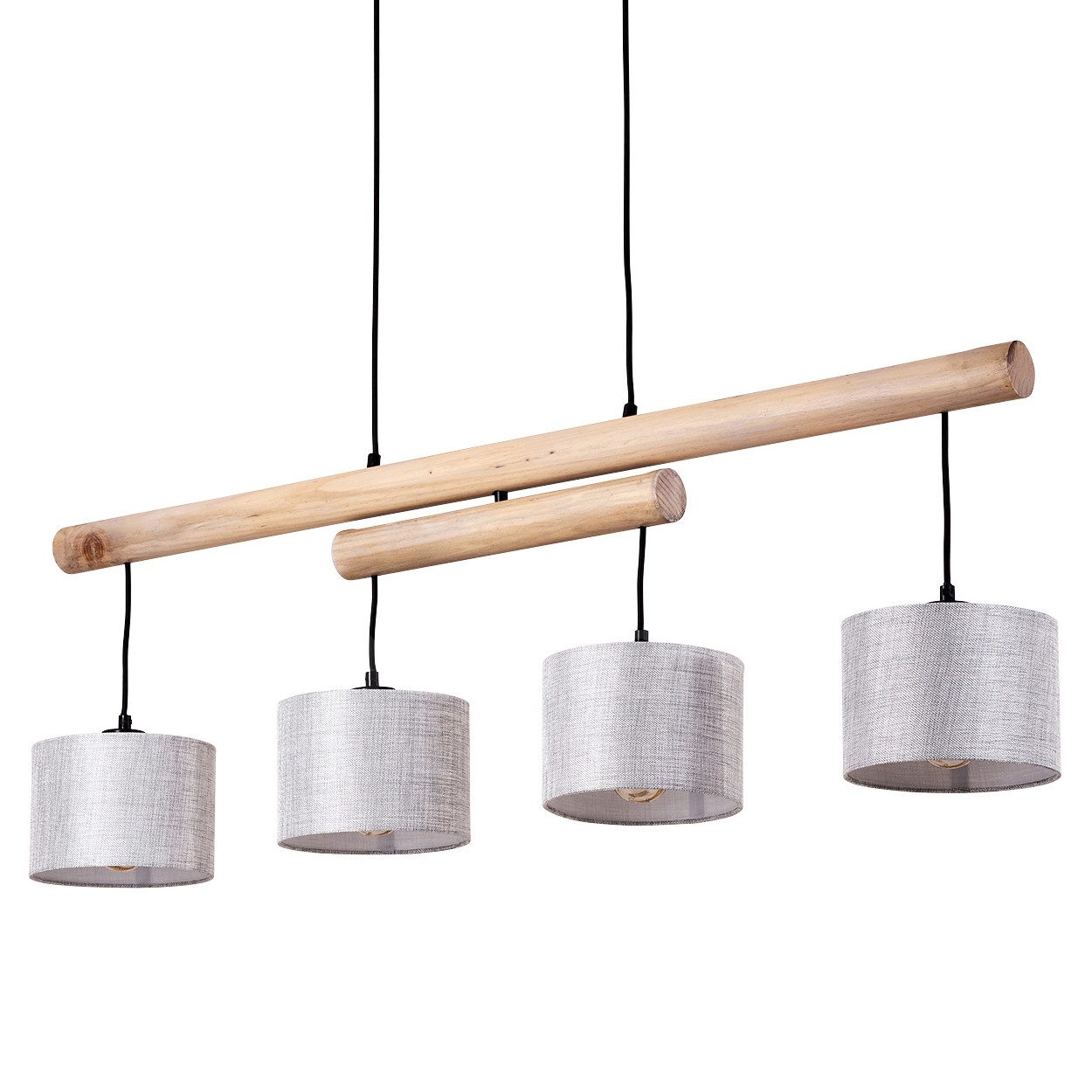 hofstein Hängeleuchte »Vallicchio« Pendellampe aus Metall und Holz in Schwarz/Natur, ohne Leuchtmittel, Lampe mit Stoffschirmen in Grau mit verstellbaren Holzbalken, 4xE27. € 129,99