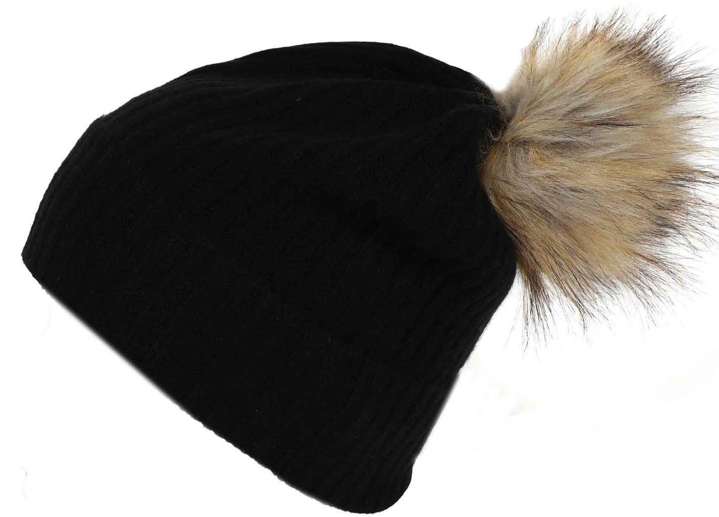 Seeberger Beanie aus reinem Kaschmir mit Fake Fur Pompon