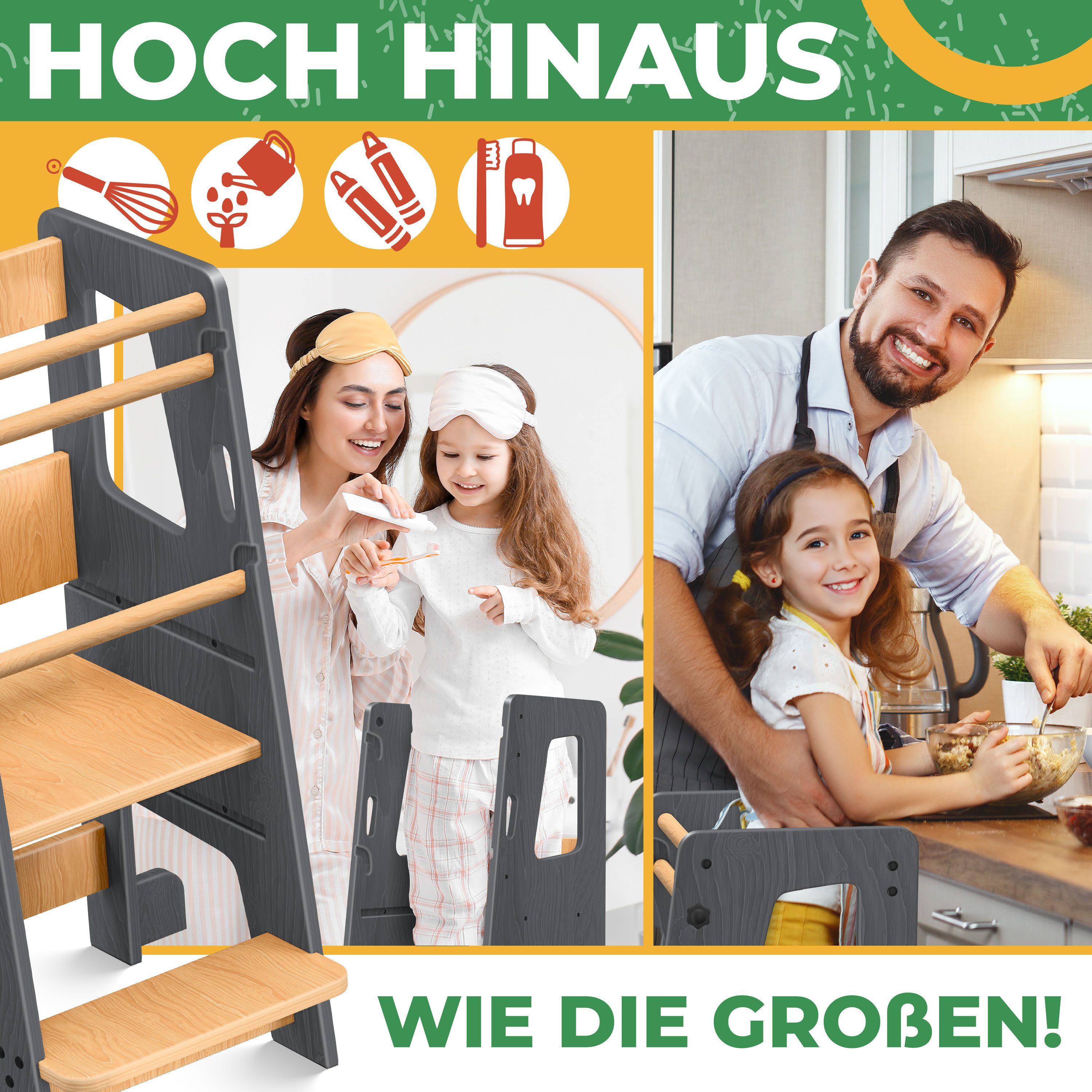 KIDIZ Stehhilfe (Tritthocker inklusive Lernuhr & abnehmbarer Anti-Kipp-Schutz), 3-stufig Höhenverstellbar, spielerisch motorische Fähigkeiten fördern – Bild 4 von 5
