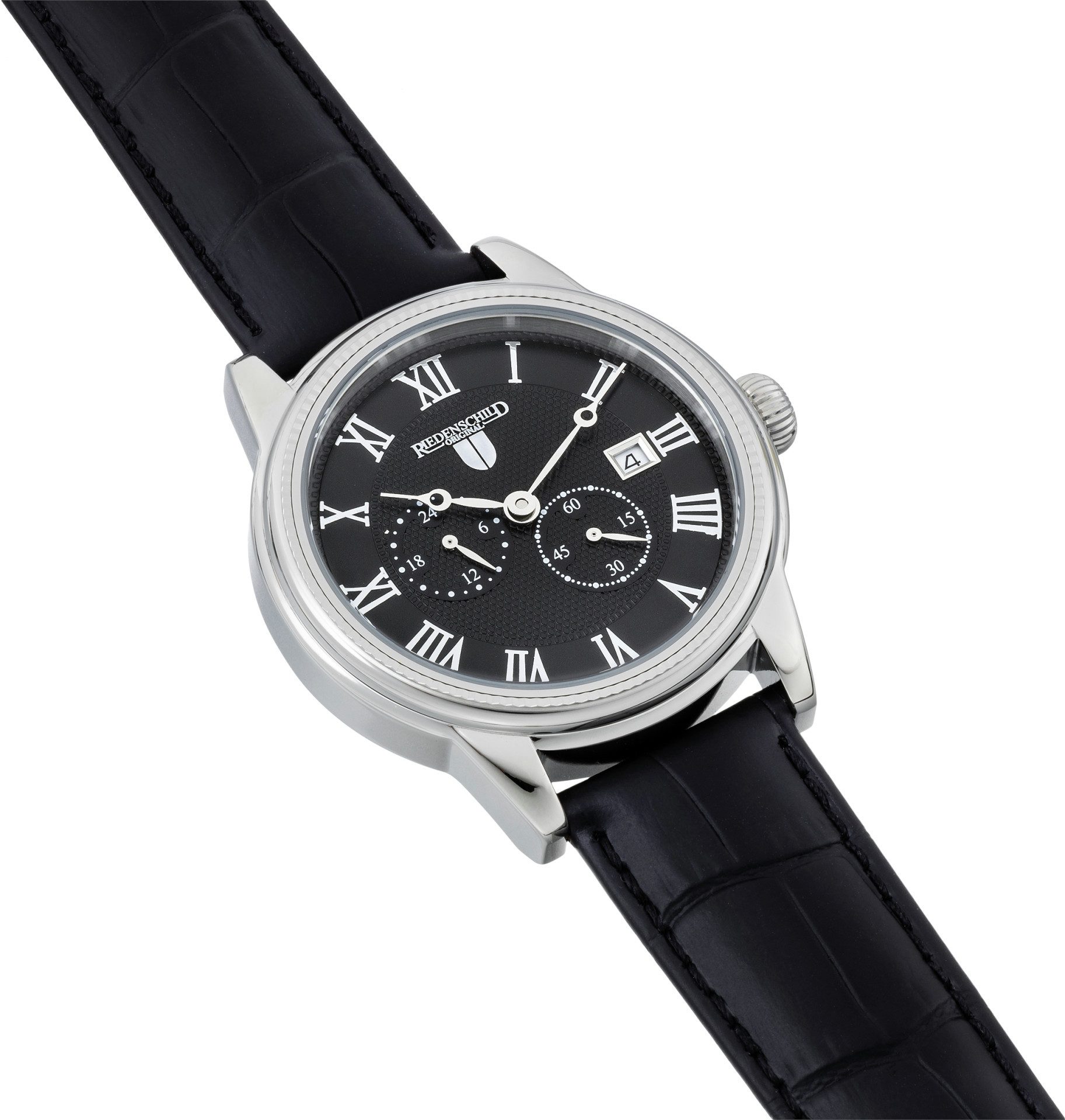 Riedenschild Automatikuhr RS7609-01, 42 mm – Herrenuhr mit schwarzem Lederband, Edelstahlgehäuse – Klassisches Design mit Sichtboden
