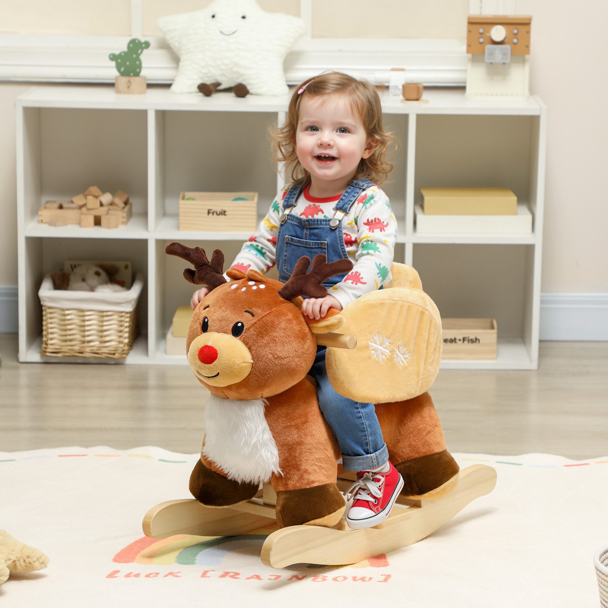 AIYAPLAY Schaukeltier Kinder Schaukelpferd Rentier mit Schlafliedern, Sicherheitsgurt, (1 tlg), für 18-36 Monate, Plüsch, Braun, 65 x 32 x 55 cm – Bild 2 von 5