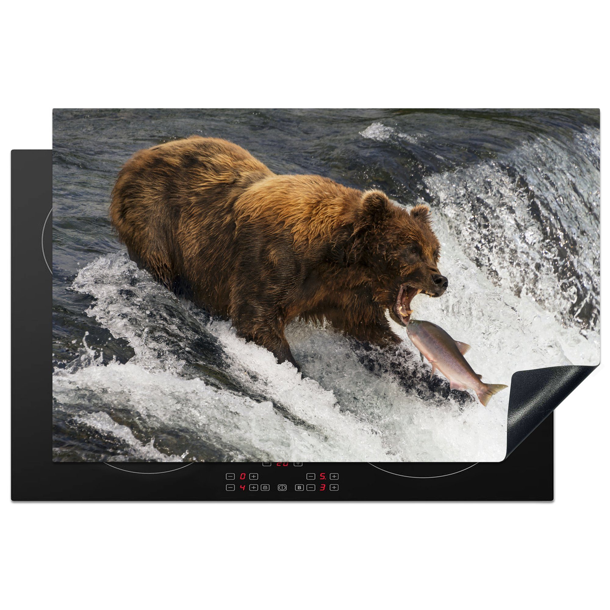 MuchoWow Herdblende-/Abdeckplatte Bild eines Grizzlybären, der in einem Wasserfall steht, Vinyl, (1 tlg), 81x52 cm, Induktionskochfeld Schutz für die küche, Ceranfeldabdeckung