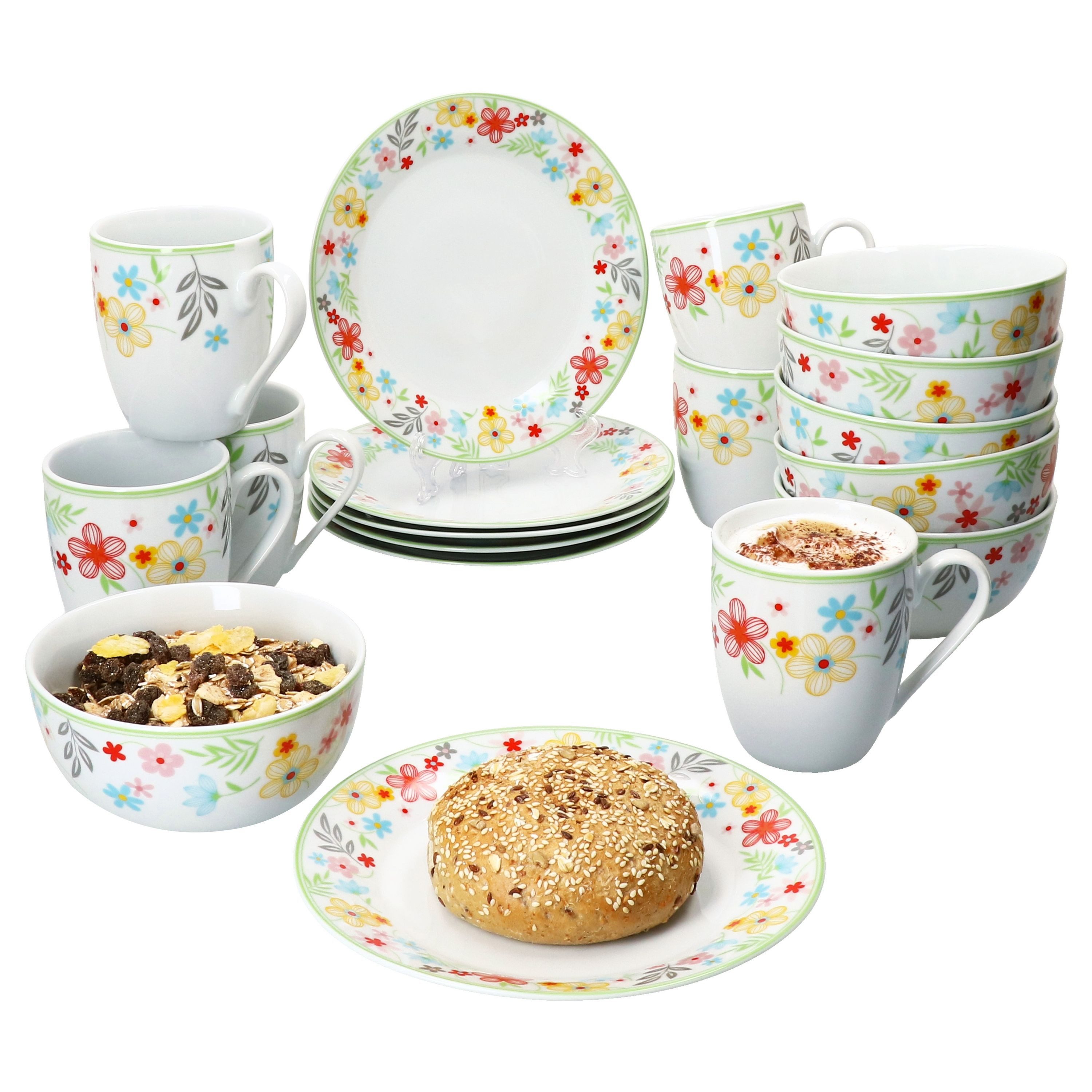 MamboCat Frühstücks-Geschirrset 18tlg Frühstücksset Variant Blümchen Porzellan 6 Personen, Porzellan