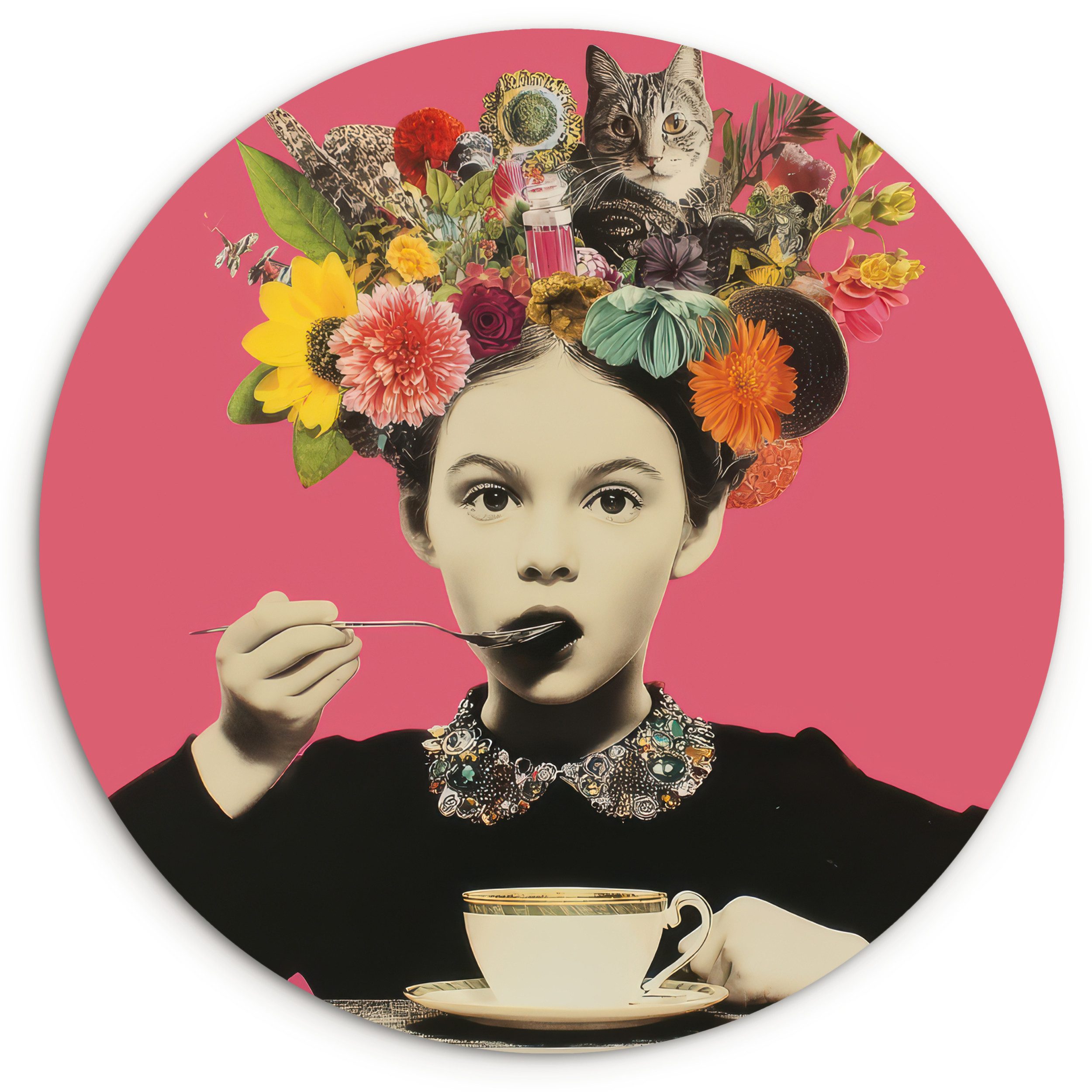 MuchoWow Gemälde Mädchen - Tasse - Blumen - Rosa, Fotodruck (1 St), Kreis Wanddekoration, Rundes Wandbild, 30x30 cm
