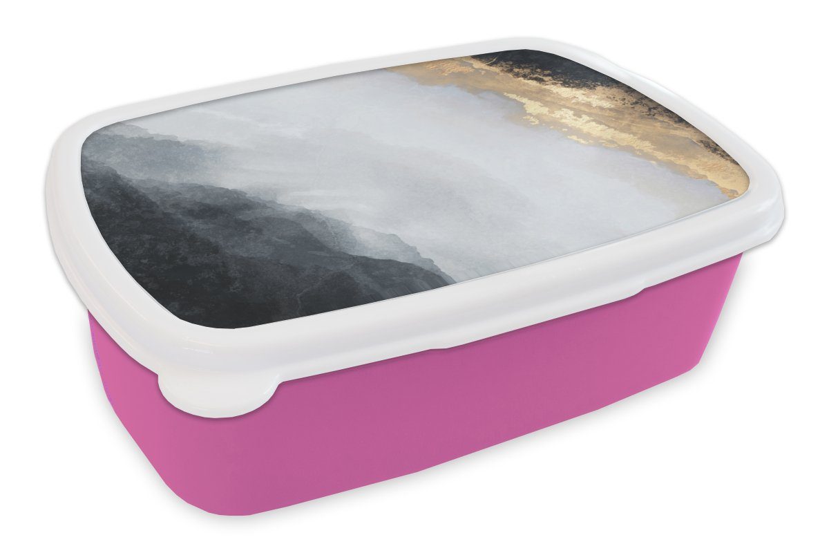 MuchoWow Lunchbox Abstrakt - Farbe - Gold - Schwarz - Marmor, Kunststoff, (2-tlg), Brotbox für Erwachsene, Brotdose Kinder, Snackbox, Mädchen, Kunststoff rosa