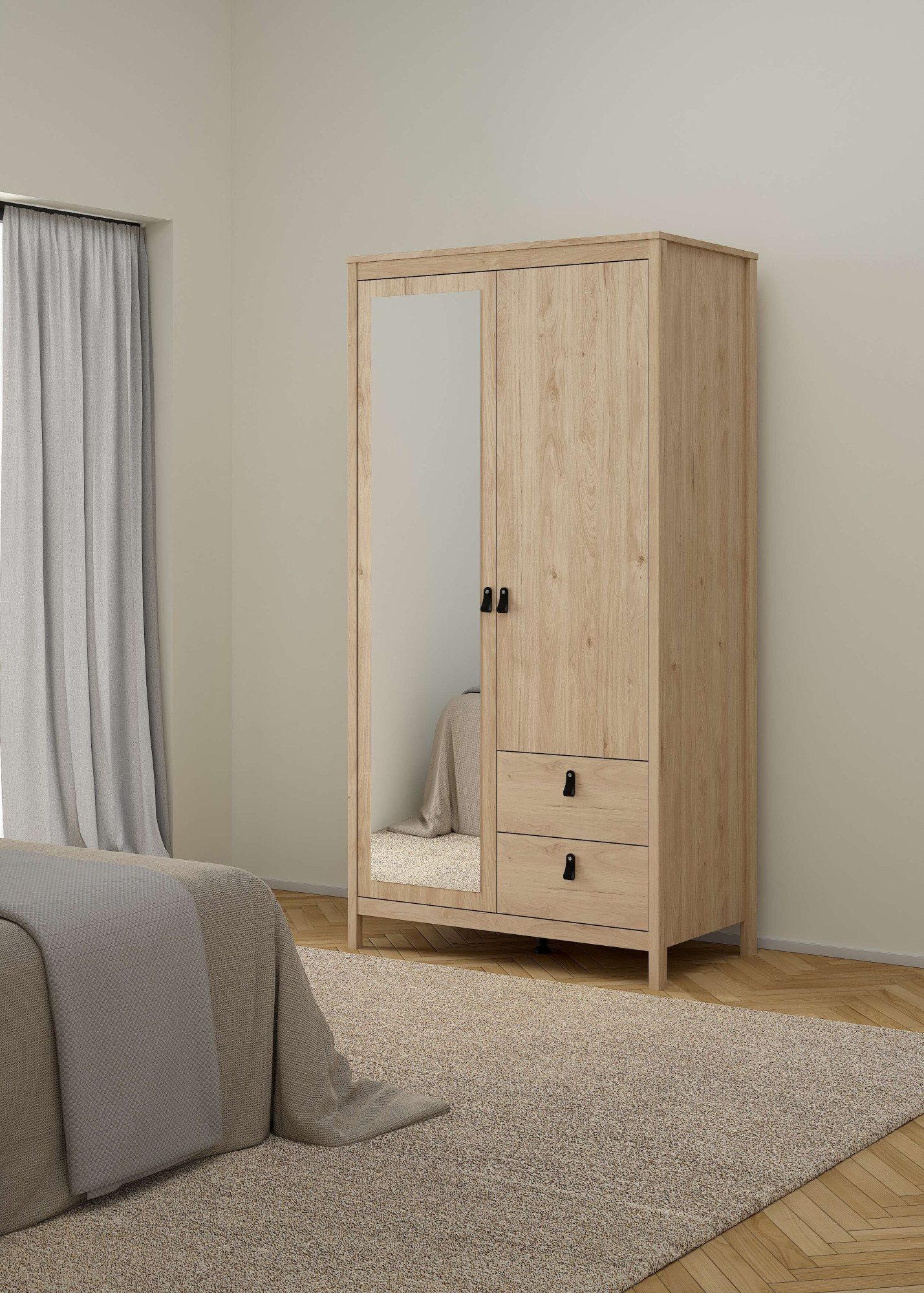 Home affaire Drehtürenschrank Madrid, Schrank, Kleiderschrank Skandinavisches Design, Wahlweise Leder- oder Metallgriffe, Spiegel