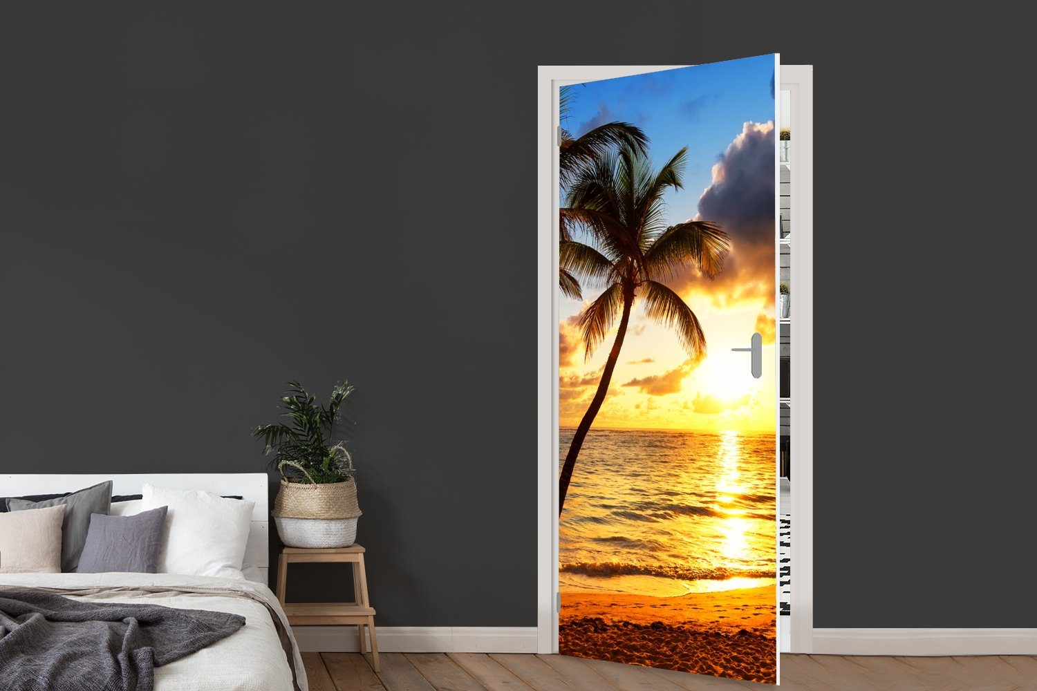 MuchoWow 75x205 - für bedruckt, Horizont Strand Türtapete Meer, Matt, Fototapete St), Sonnenuntergang Tür, cm - - - Türaufkleber, Palme (1