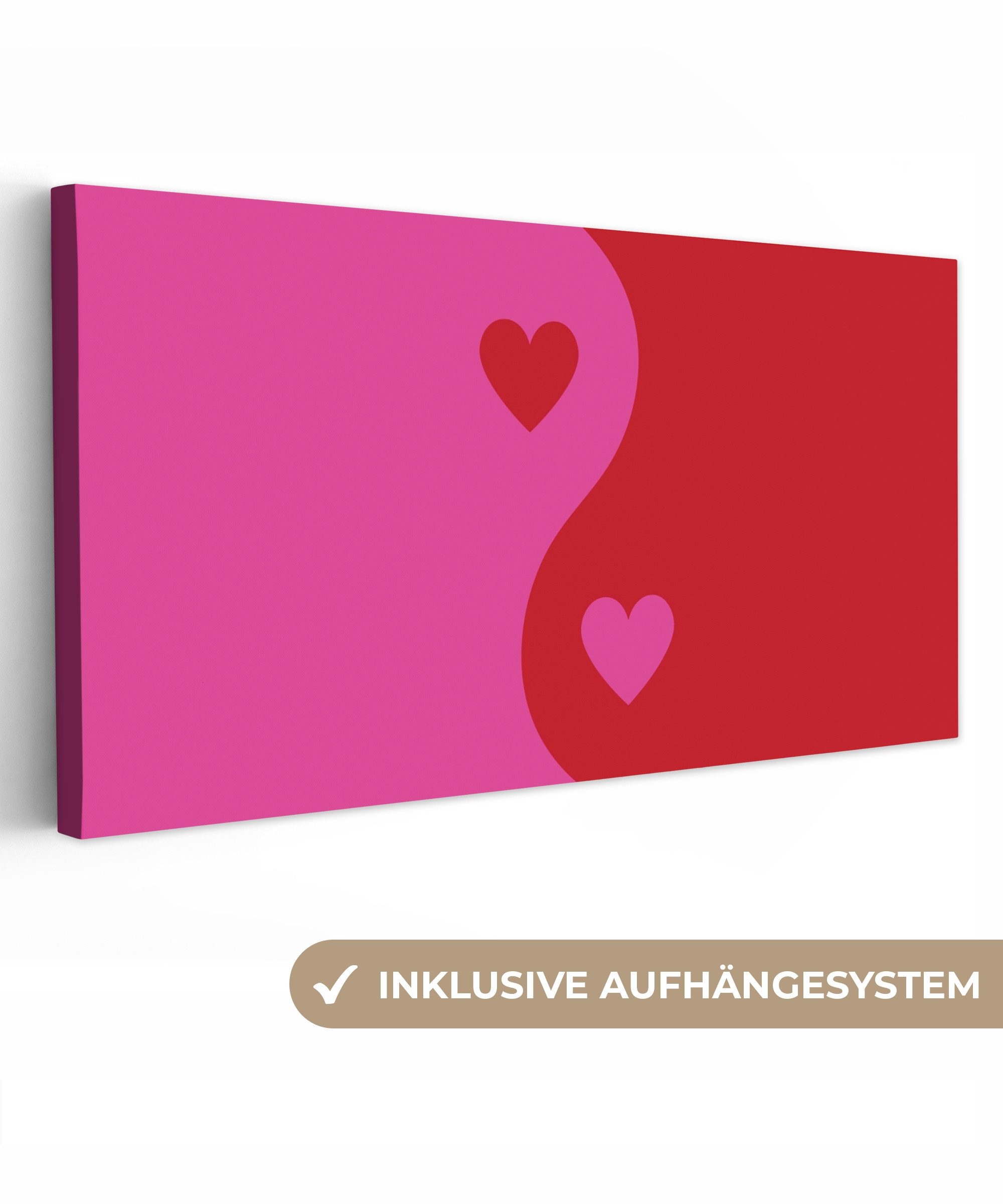 OneMillionCanvasses® Leinwandbild Panorama Minimalistisch - Rot - Rosa - Herzen, Fotodruck (1 St), Leinwand Bilder für Wohnzimmer Schlafzimmer 60x30 cm