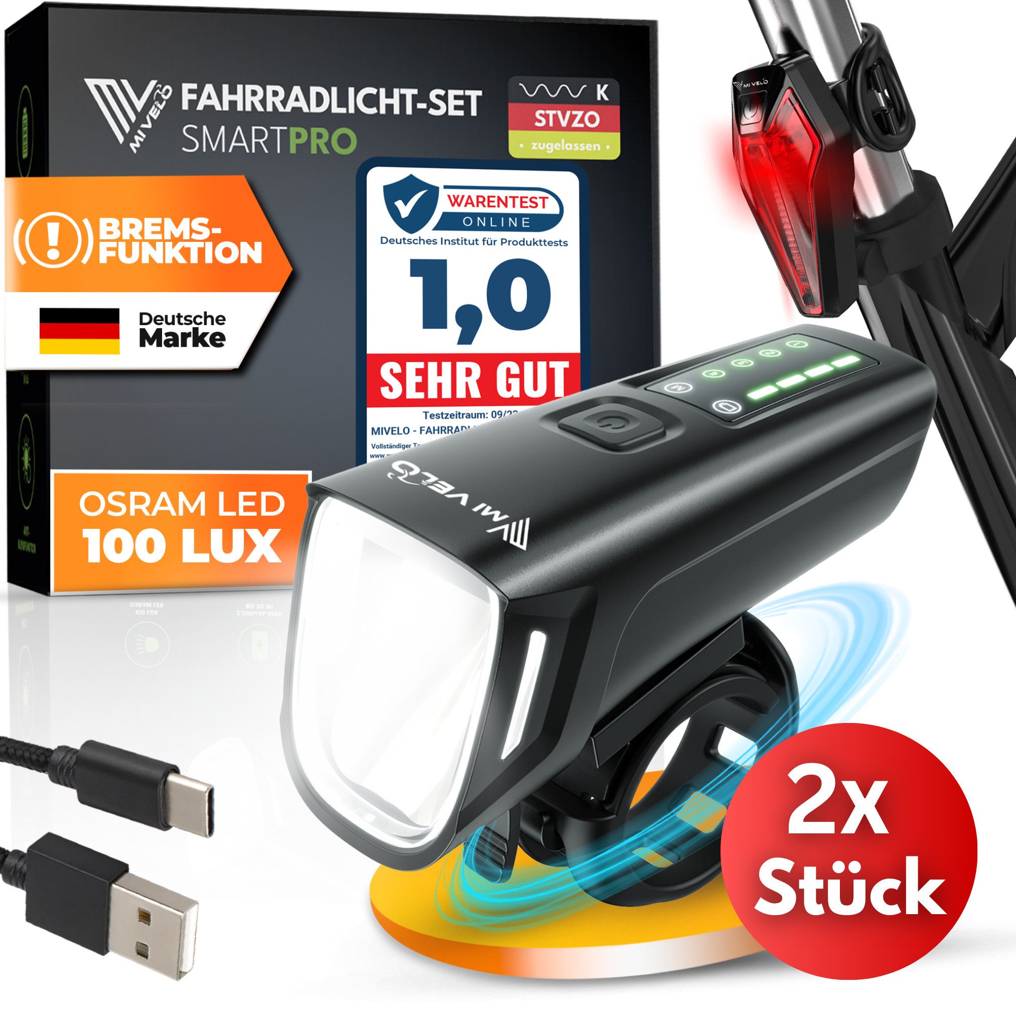 MIVELO Fahrradbeleuchtung SMART Fahrradlicht Set LED 100 LUX - Akku USB aufladbar