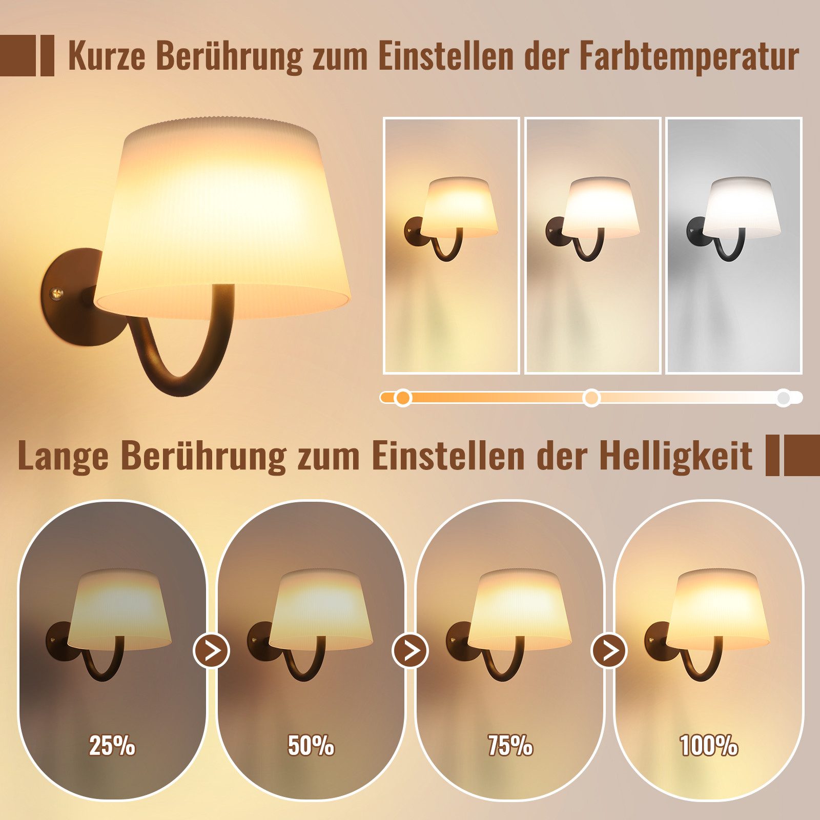 ZMH Wandleuchte 1ER/2ER Dimmbar LED Leselampe Touch-Bedienung Schwarz, 4W, drei Lichtfarben, gleichmäßige Lichtverteilung – Bild 4 von 5