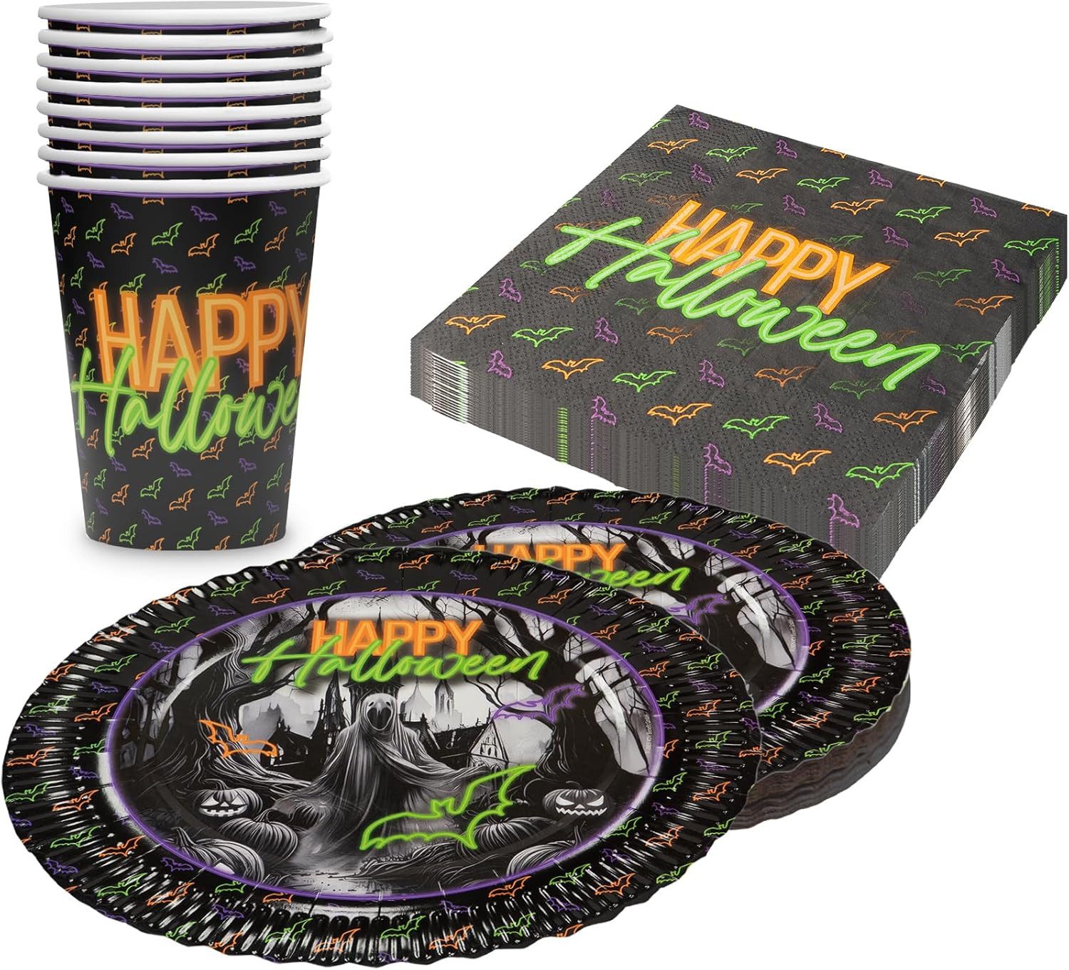 Party Factory Geschirr-Set Halloween Neon 36-teiliges Party-Set mit Teller, Becher und Servietten, 8 Personen, flurszierend - Ideal für Partys mit Schwarzlicht oder UV-Beleuchtung