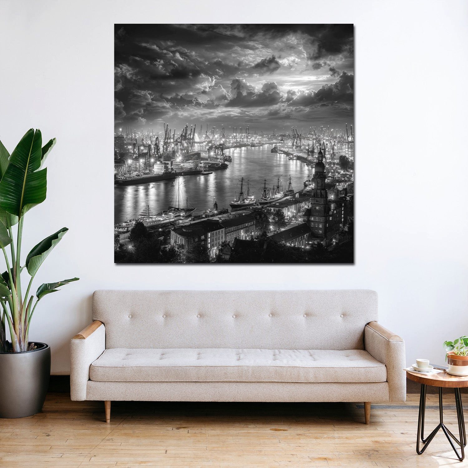 Artedinoi Leinwandbild Hafenansicht Hamburg schwarz weiß Elbe Leinwandbild Wandbild Kunstdruc, Hamburger Hafen an der Elbe, S/W