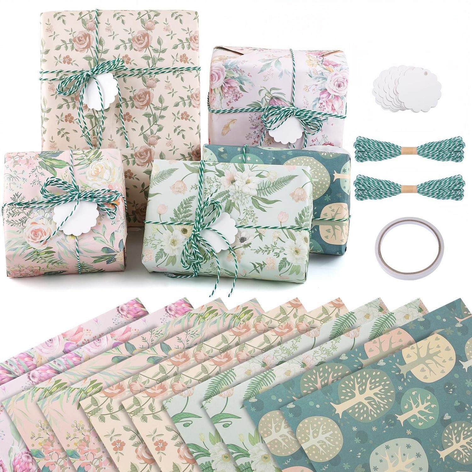 LuxusKollektion Geschenkpapier Geschenkpapier Set Blumen Pflanzen Grün 10 Bögen, (1St)