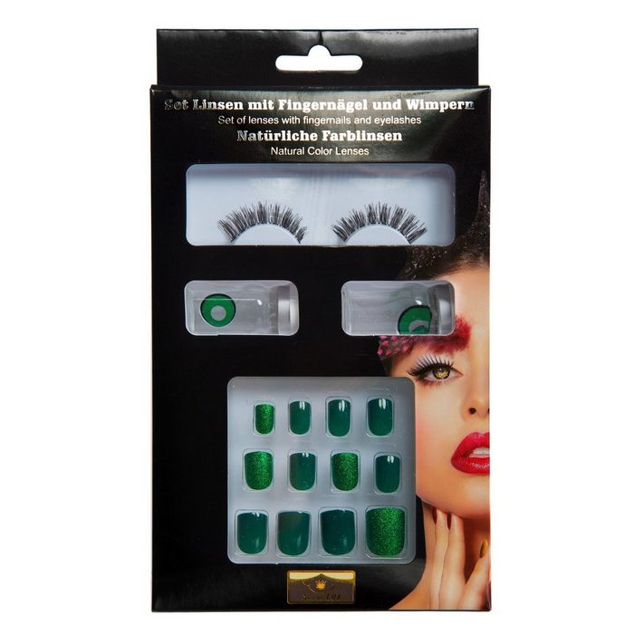 Metamorph Schmink-Set SFX Make-up Set grün Kompaktes Schminkset mit Wimpern Kontaktlinsen und Fingernägeln