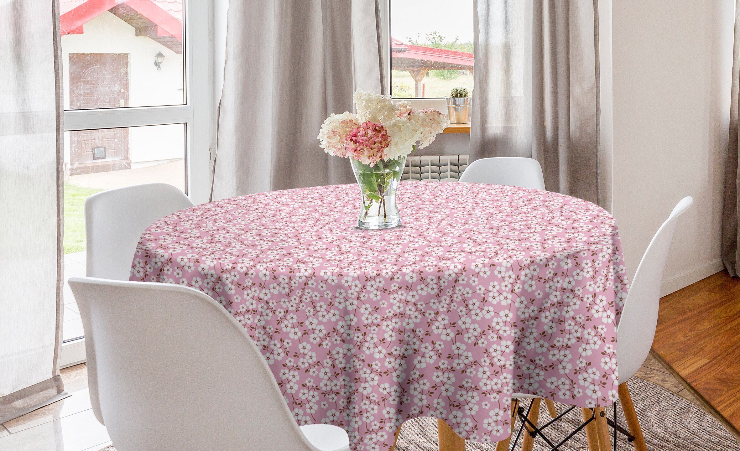 Abakuhaus Tischdecke Kreis Tischdecke Abdeckung für Esszimmer Küche Dekoration, Pink und Weiß Cheery Blüte